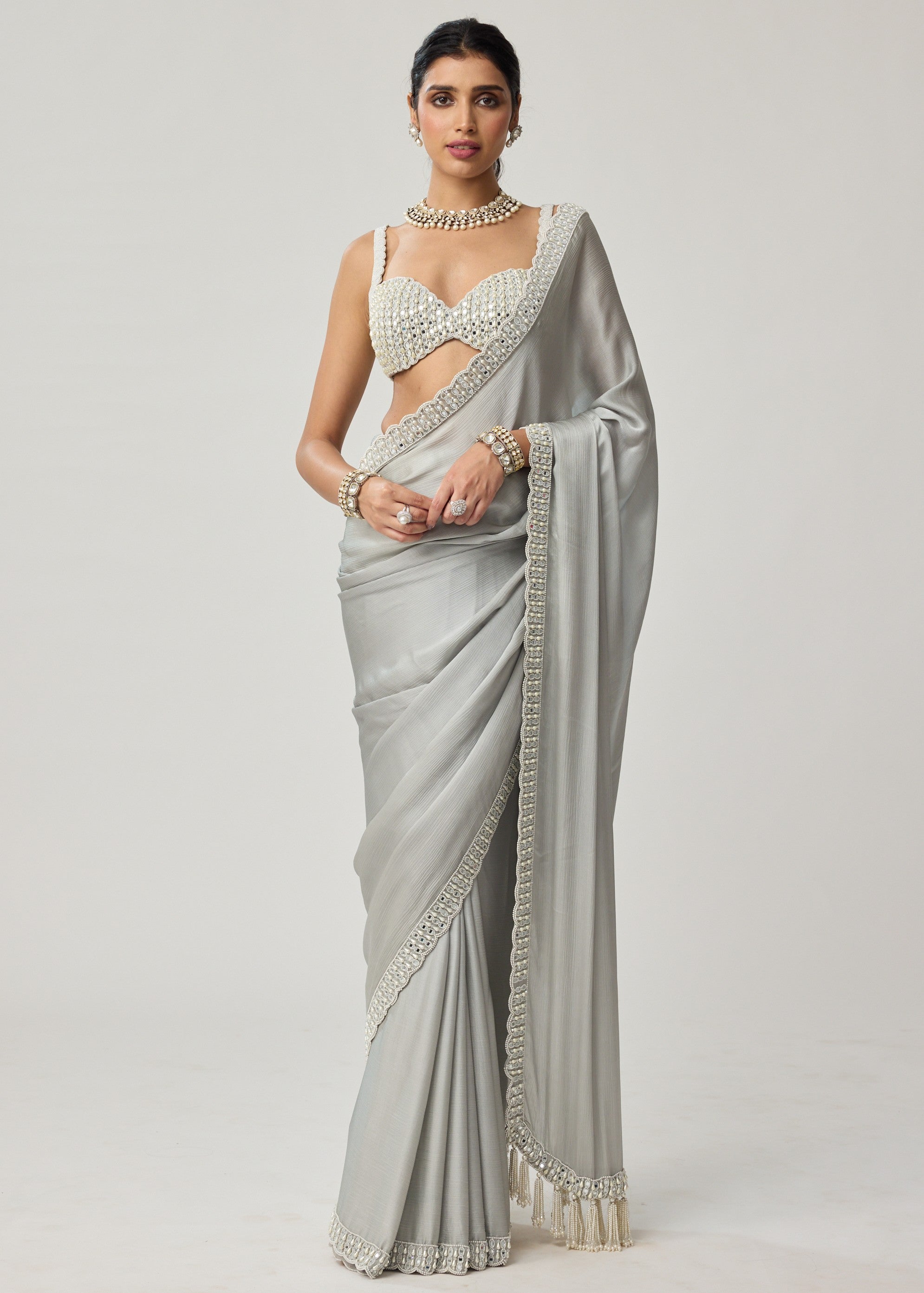 Powder Grey Chiffon Pearl And Mirror Sari Set