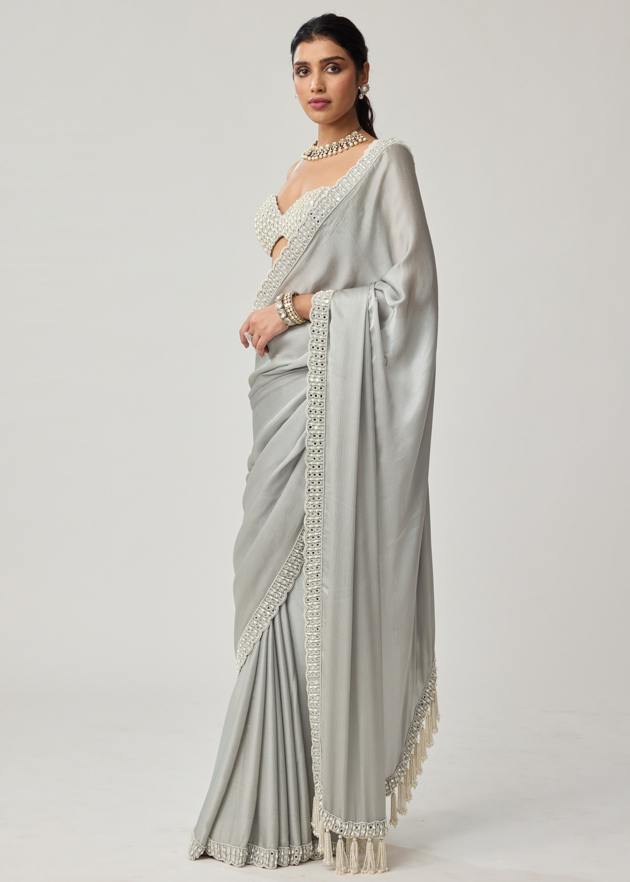 Powder Grey Chiffon Pearl And Mirror Sari Set