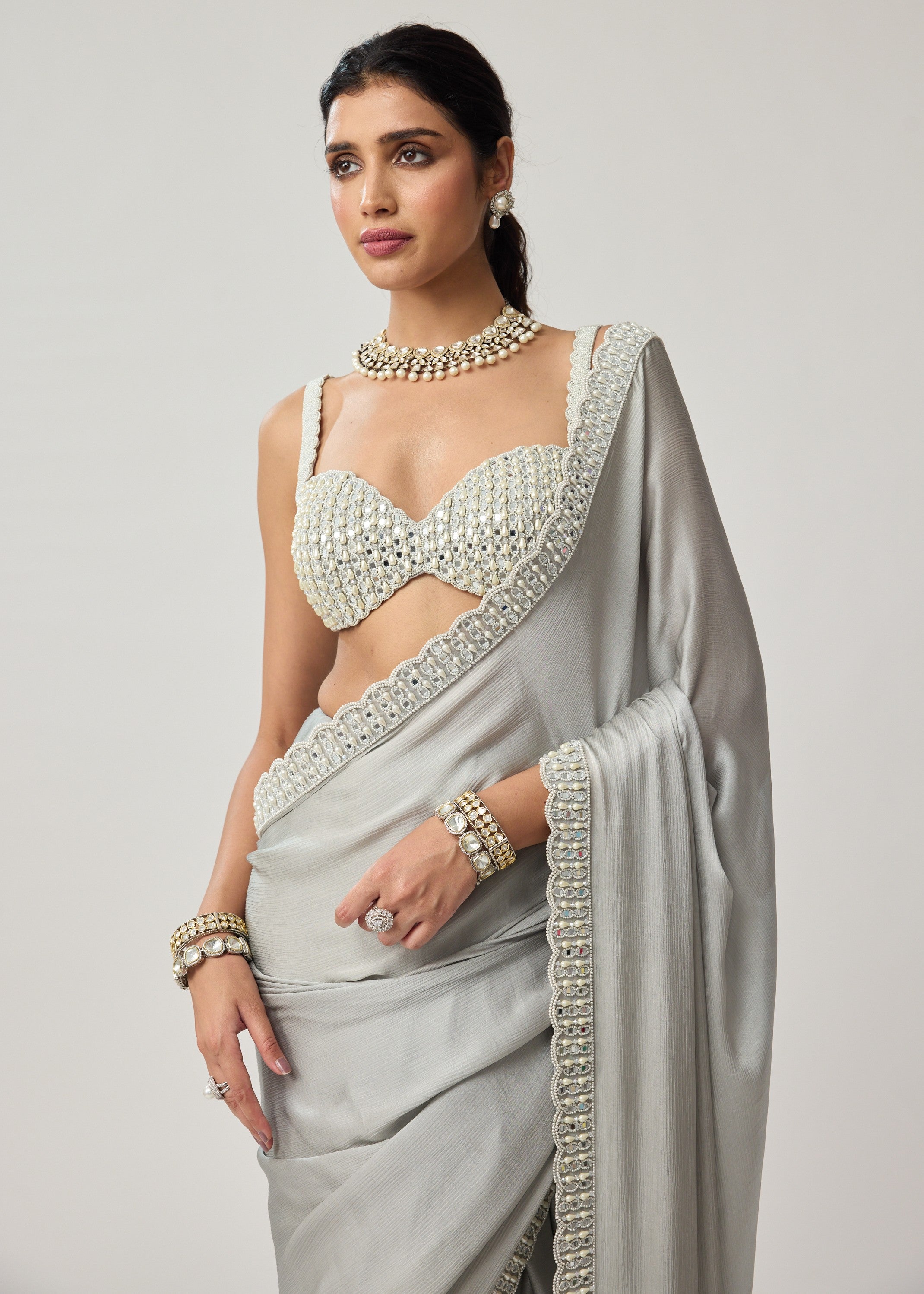 Powder Grey Chiffon Pearl And Mirror Sari Set