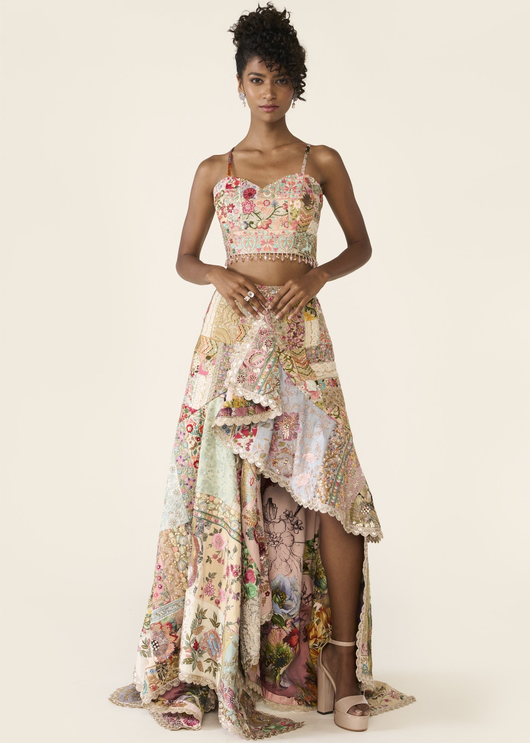 Patchwork Asymmetric Skirt Set