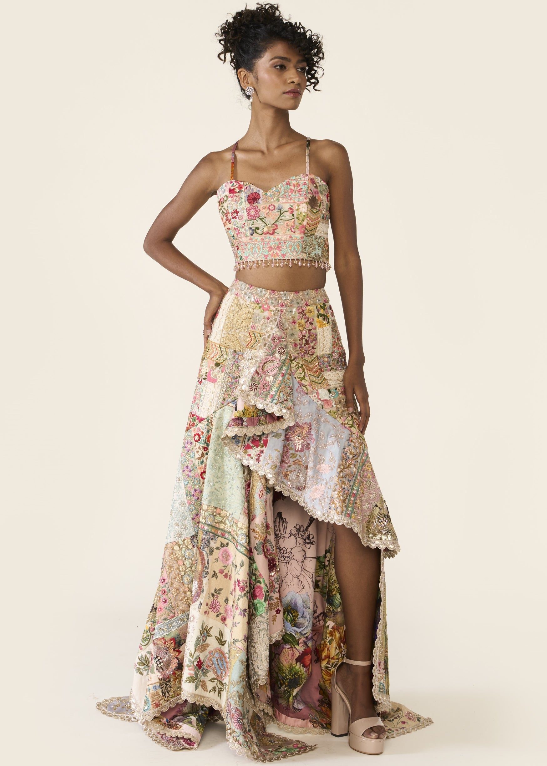 Patchwork Asymmetric Skirt Set