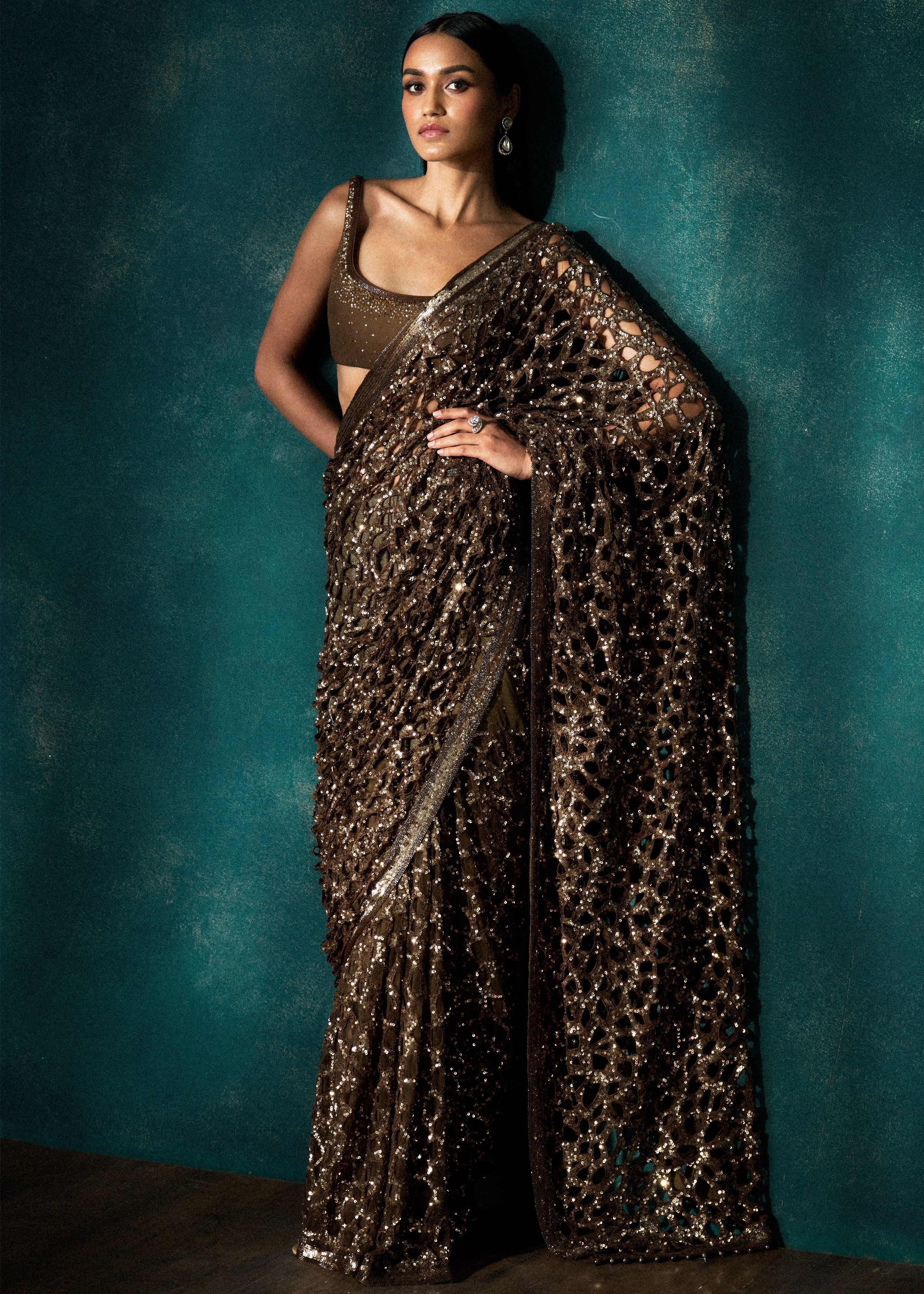 Coffee Gold Cutwork Sari