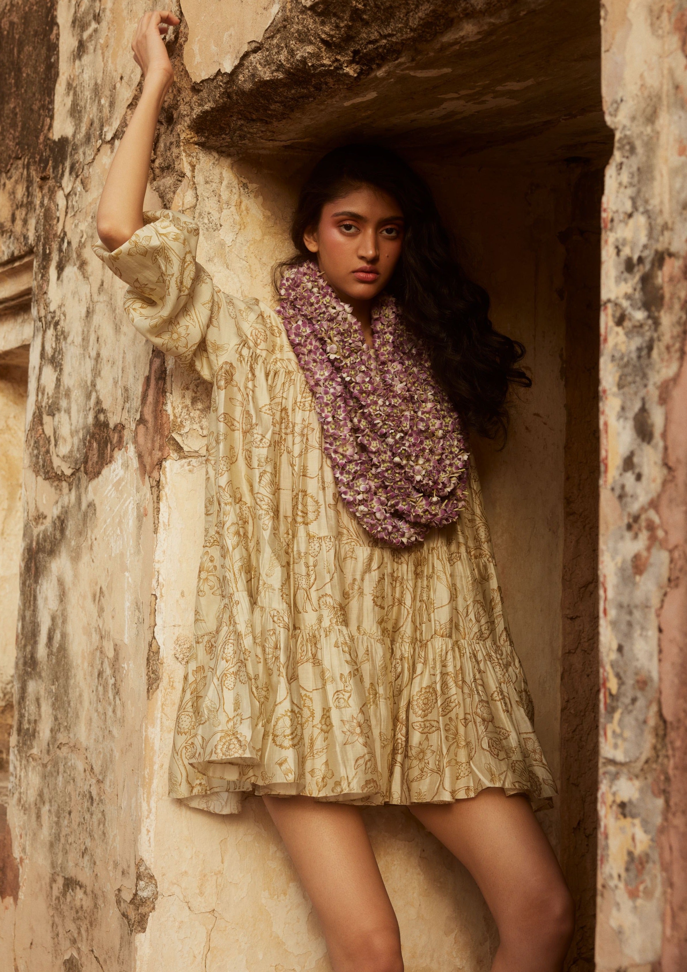 Ivory Deer Printed Short Dress