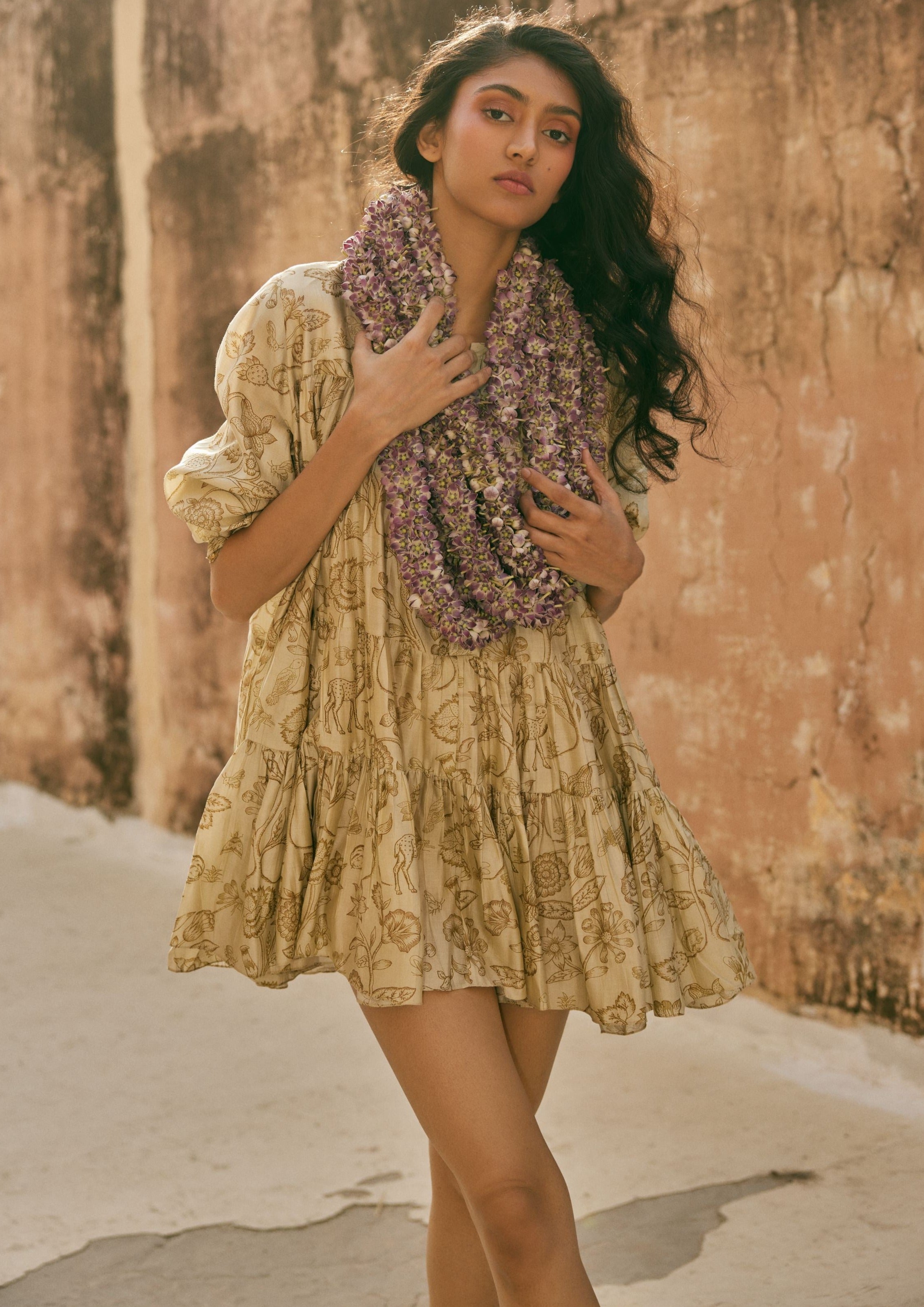 Ivory Deer Printed Short Dress