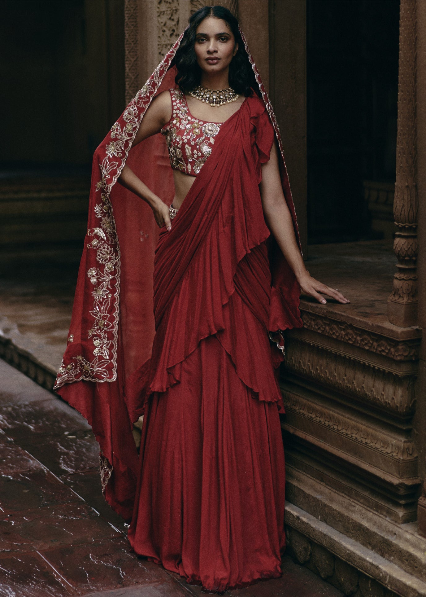 Crimson Red Chiffon Ruffle Sari