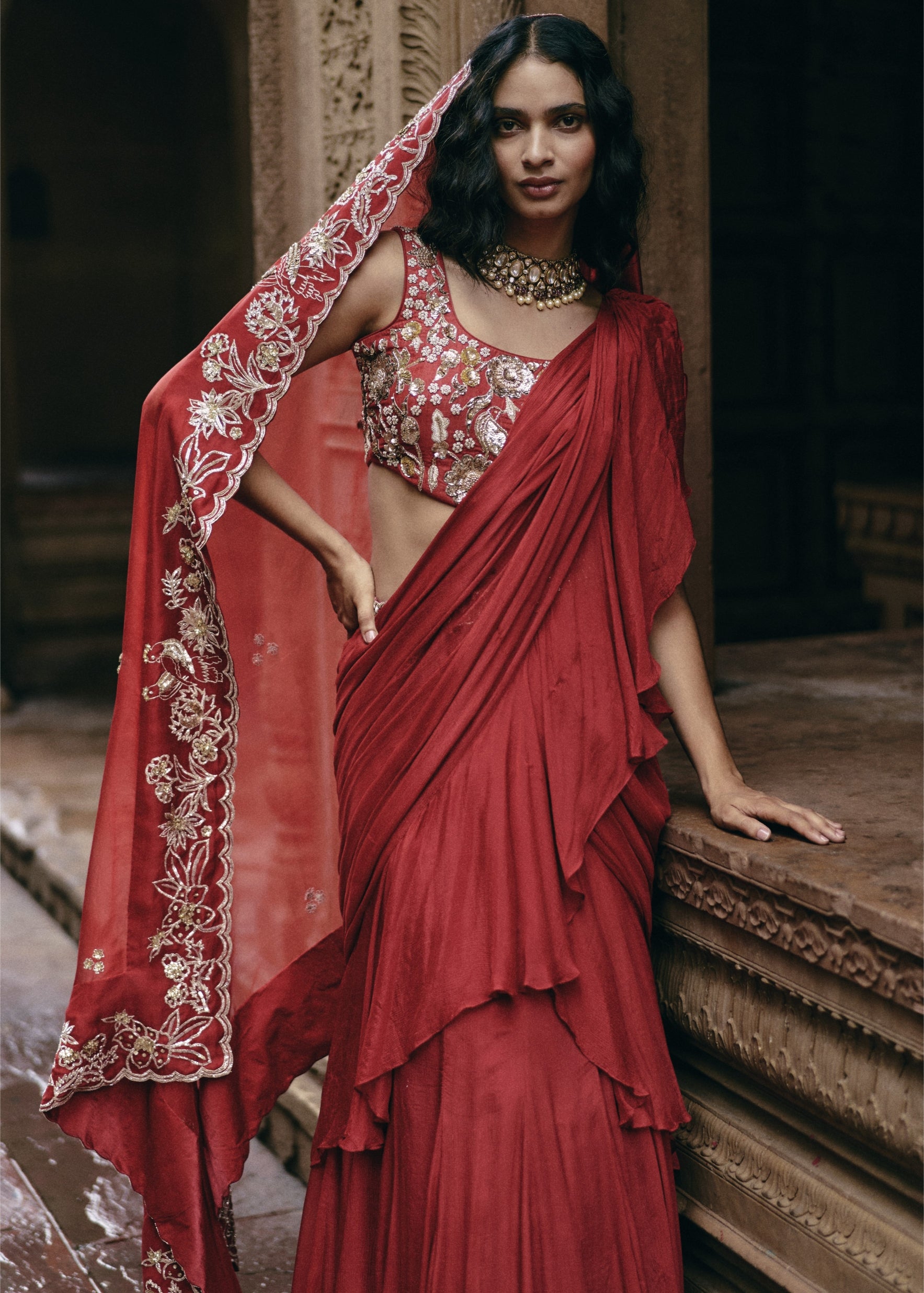 Crimson Red Chiffon Ruffle Sari