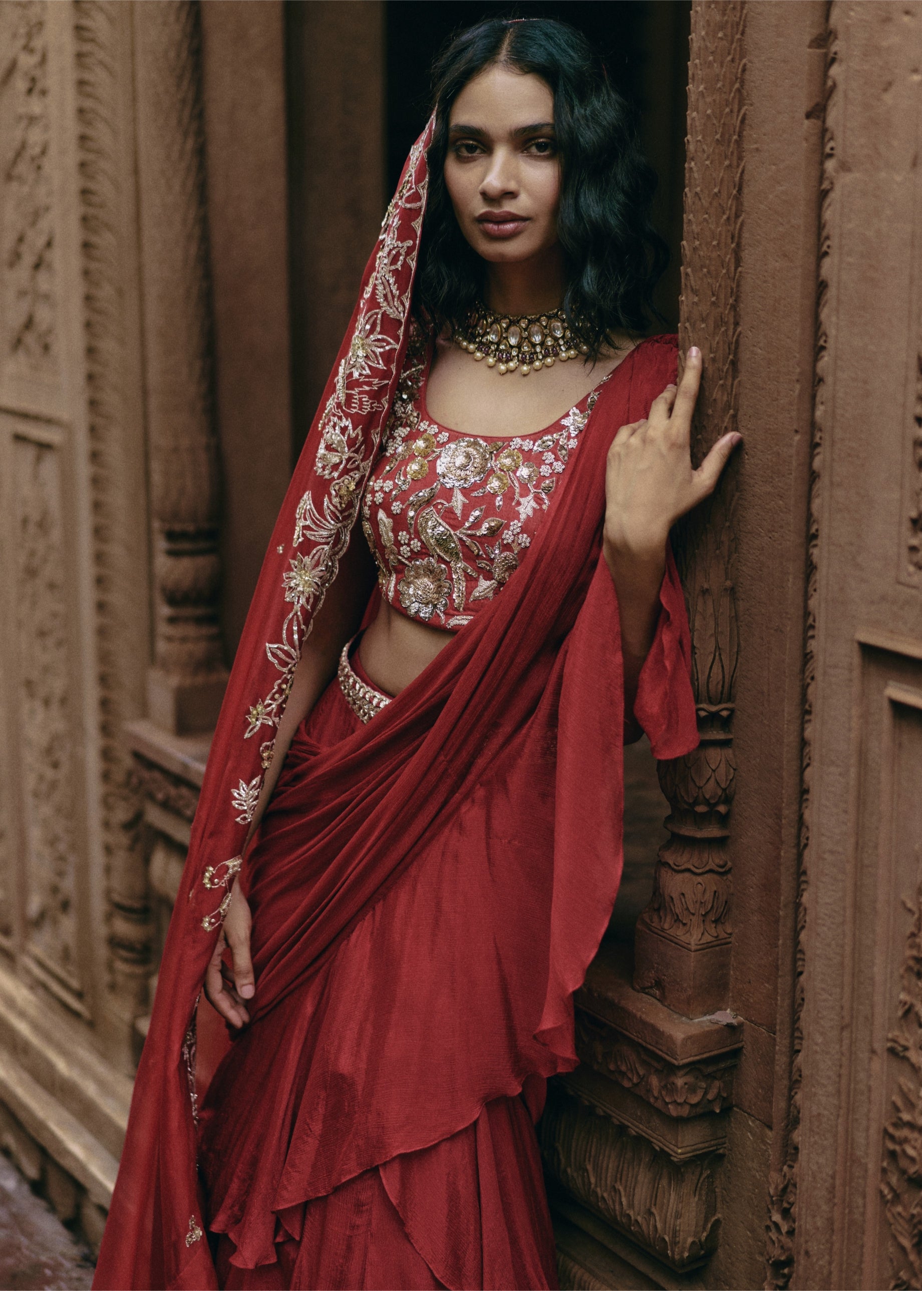 Crimson Red Chiffon Ruffle Sari