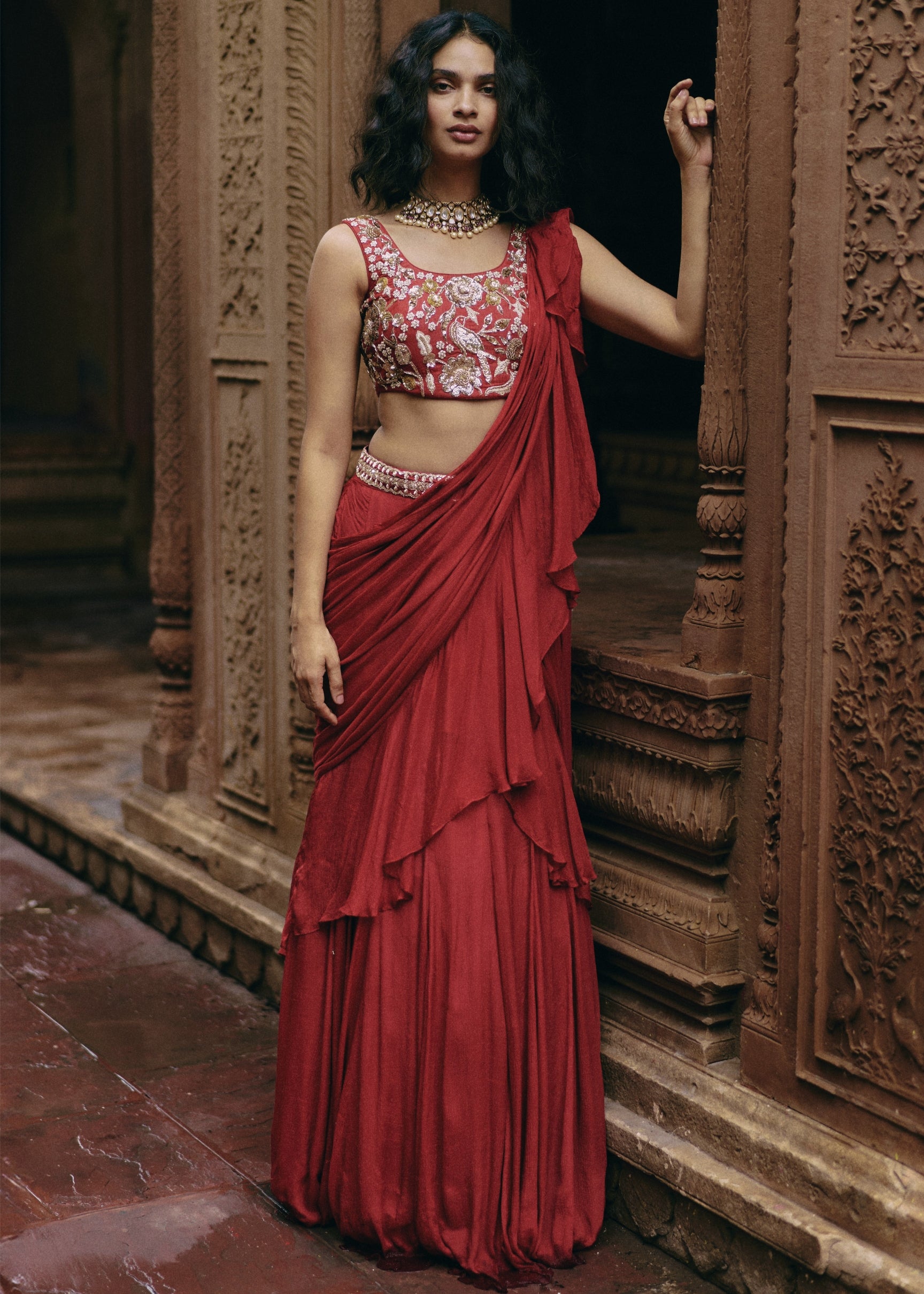 Crimson Red Chiffon Ruffle Sari