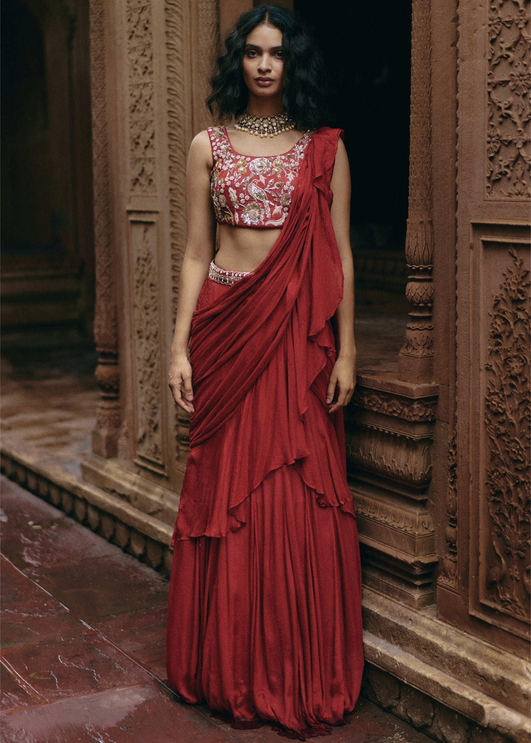 Crimson Red Chiffon Ruffle Sari