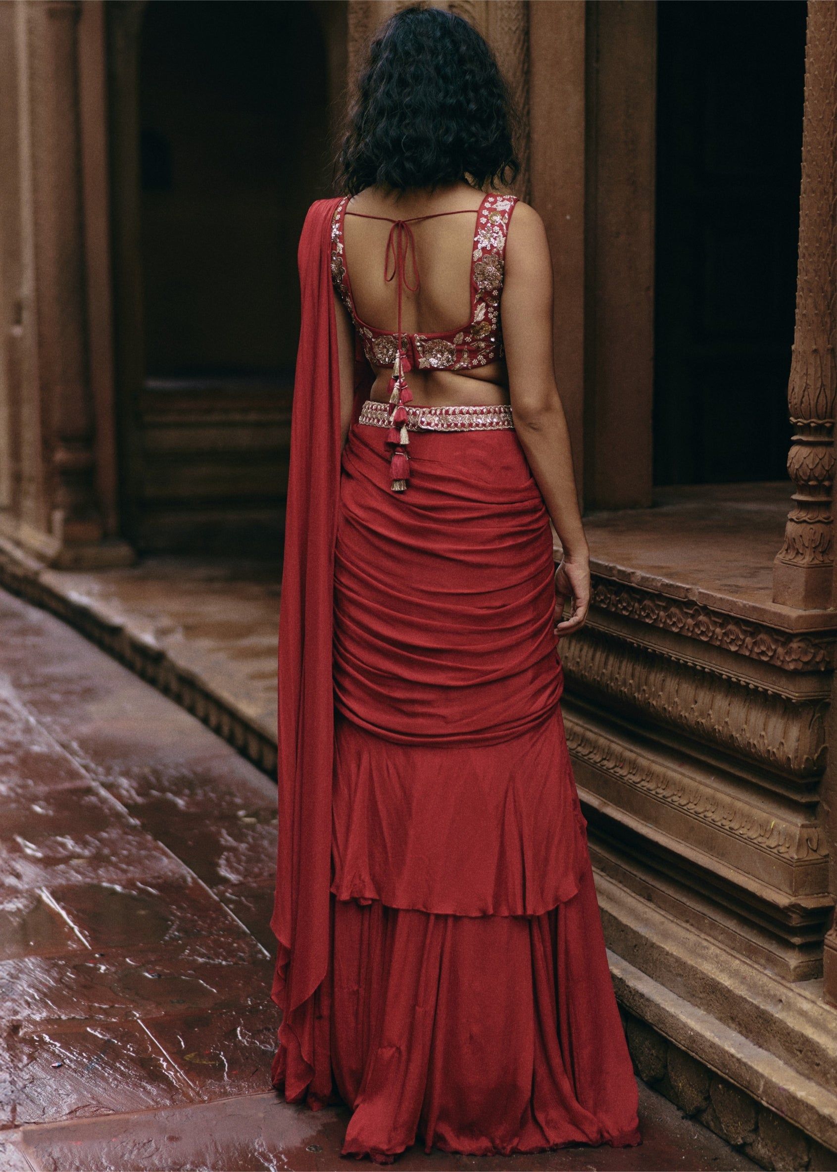 Crimson Red Chiffon Ruffle Sari