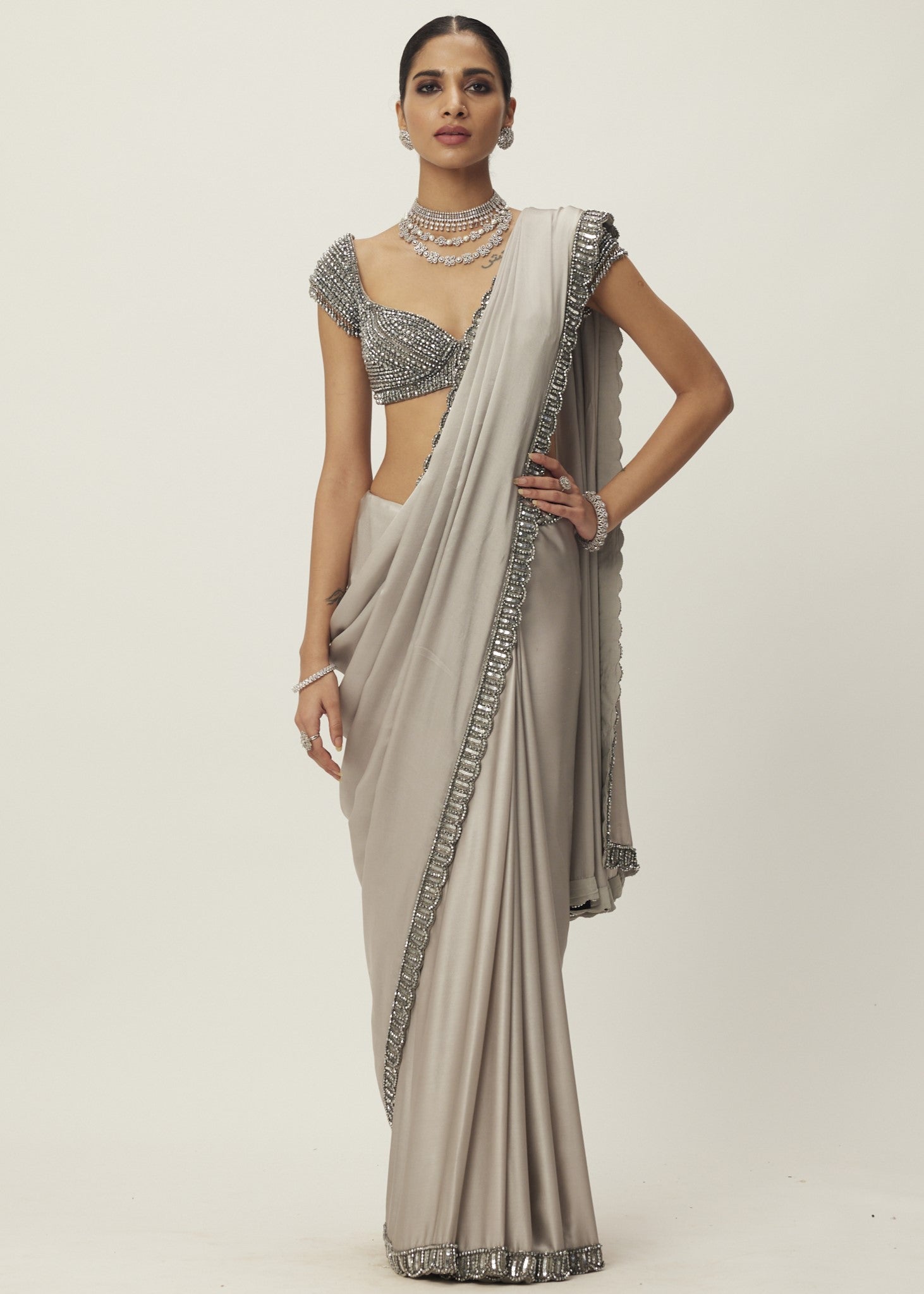 Crystal Grey Satin Sari Set