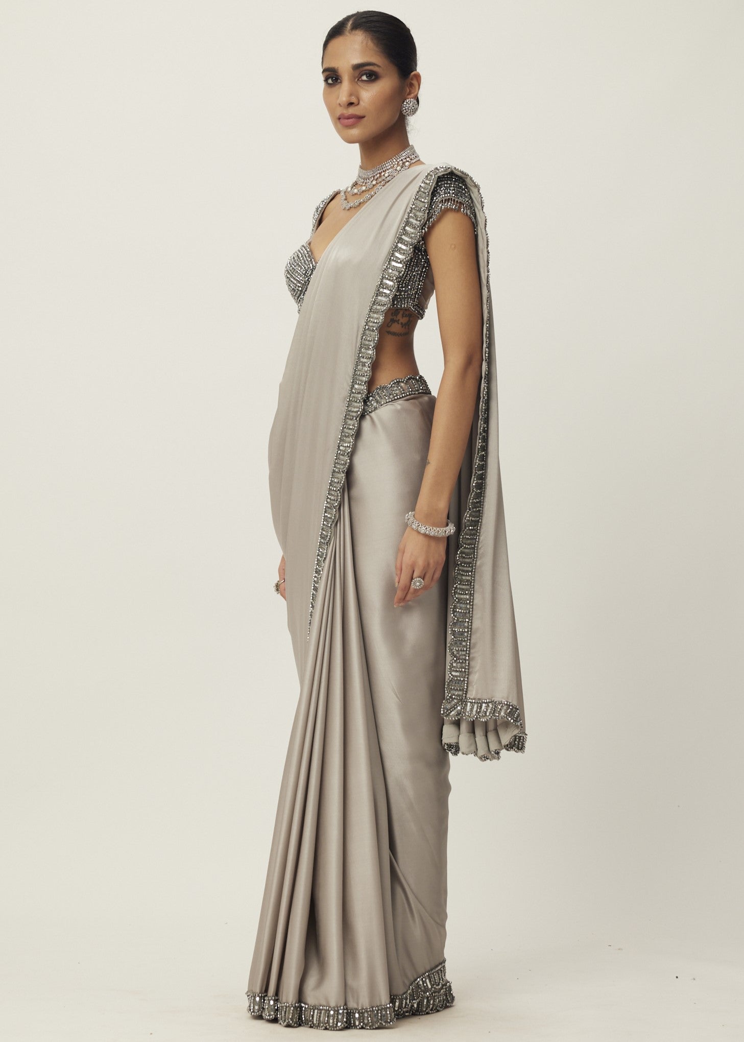 Crystal Grey Satin Sari Set