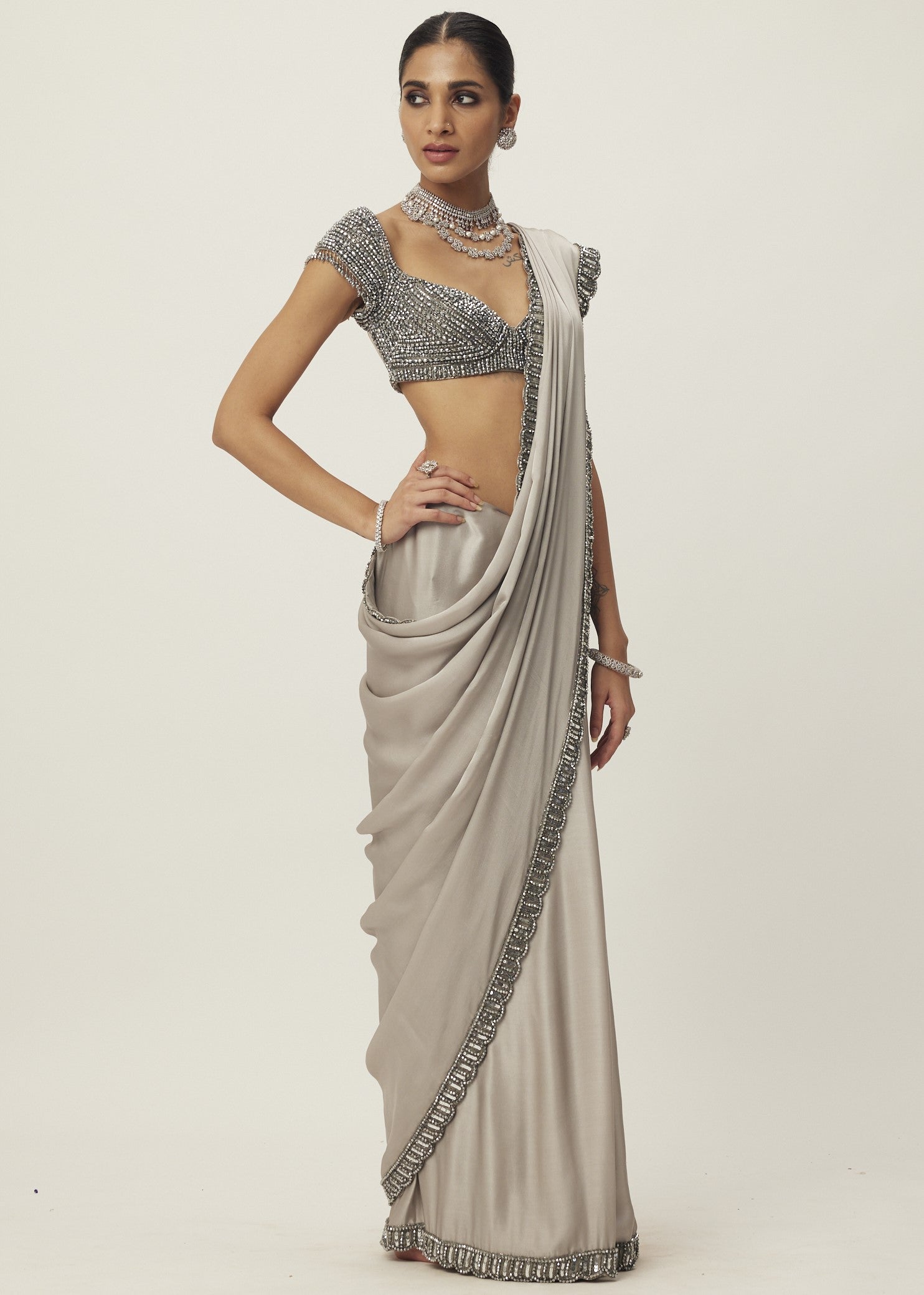 Crystal Grey Satin Sari Set