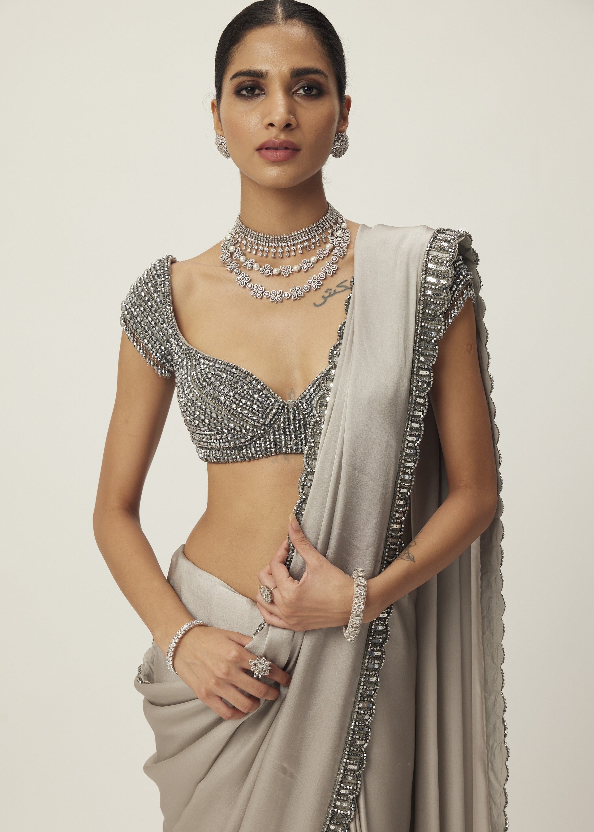 Crystal Grey Satin Sari Set