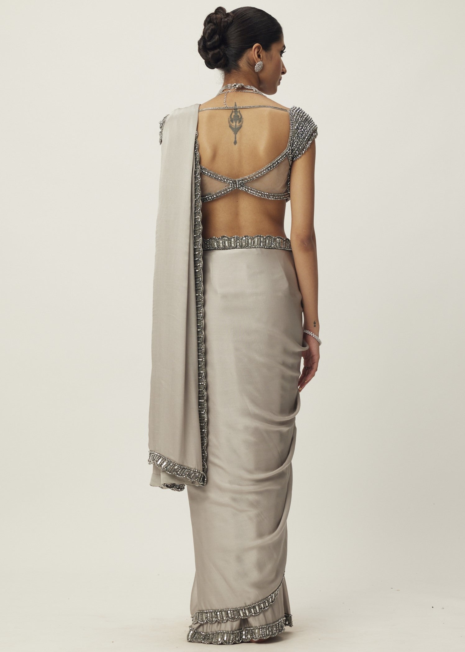 Crystal Grey Satin Sari Set