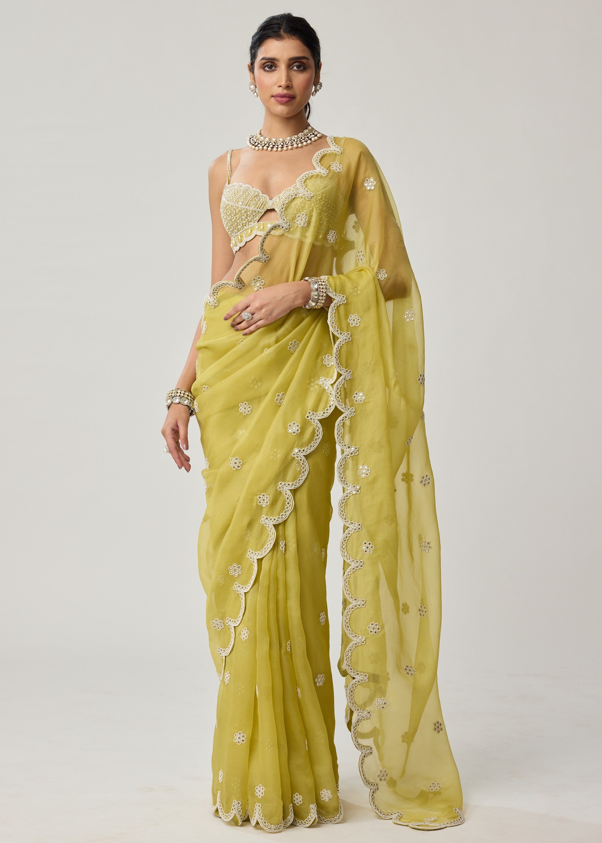 Fern Green Organza Mirror And Pearl Sari Set