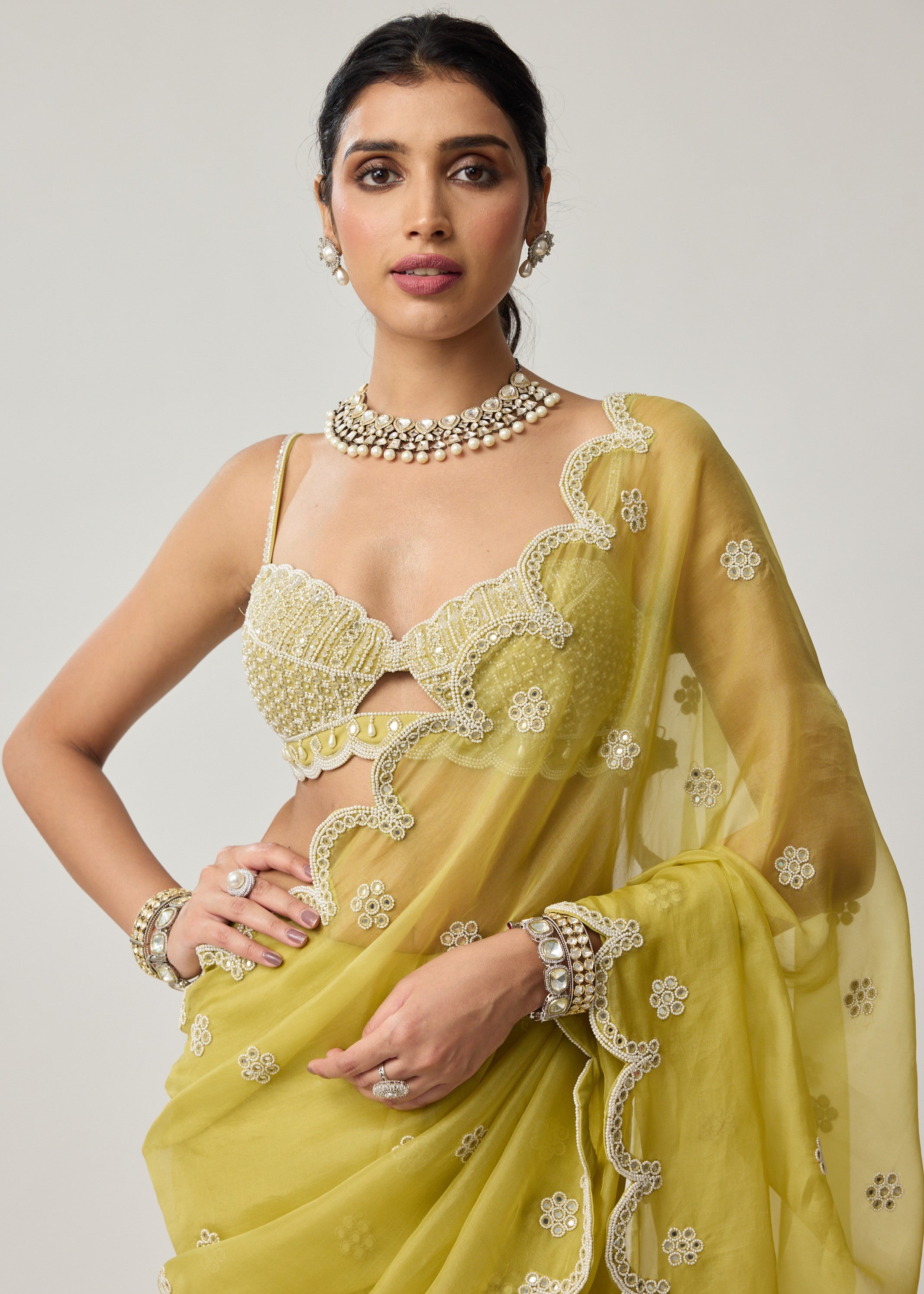 Fern Green Organza Mirror And Pearl Sari Set
