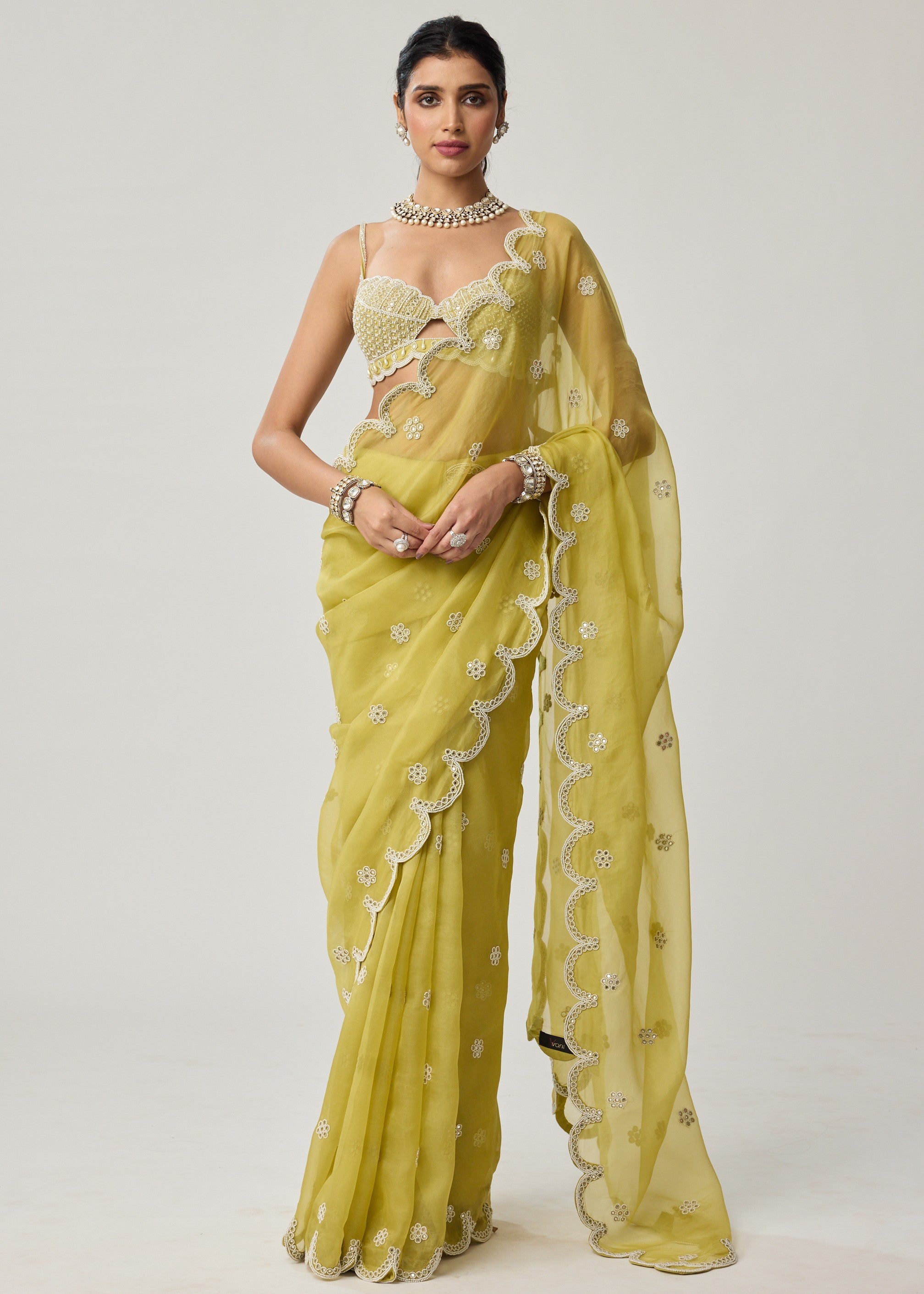 Fern Green Organza Mirror And Pearl Sari Set