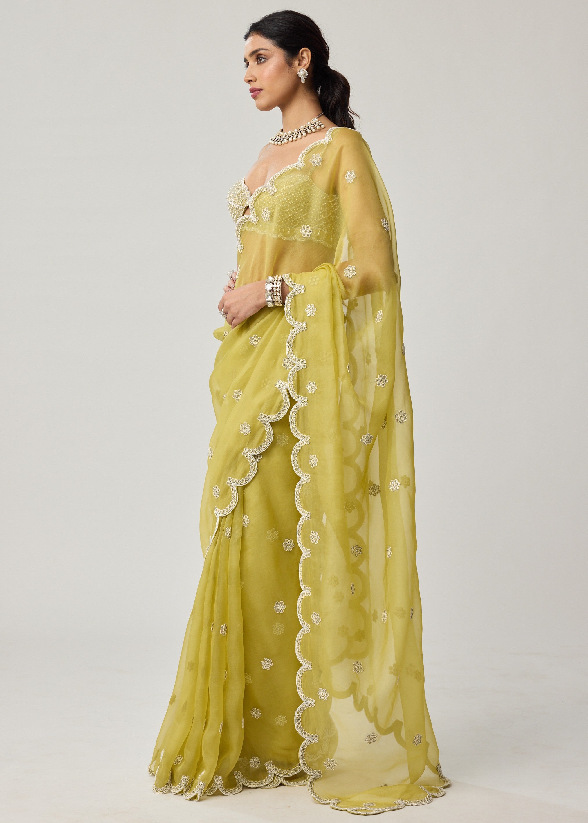 Fern Green Organza Mirror And Pearl Sari Set