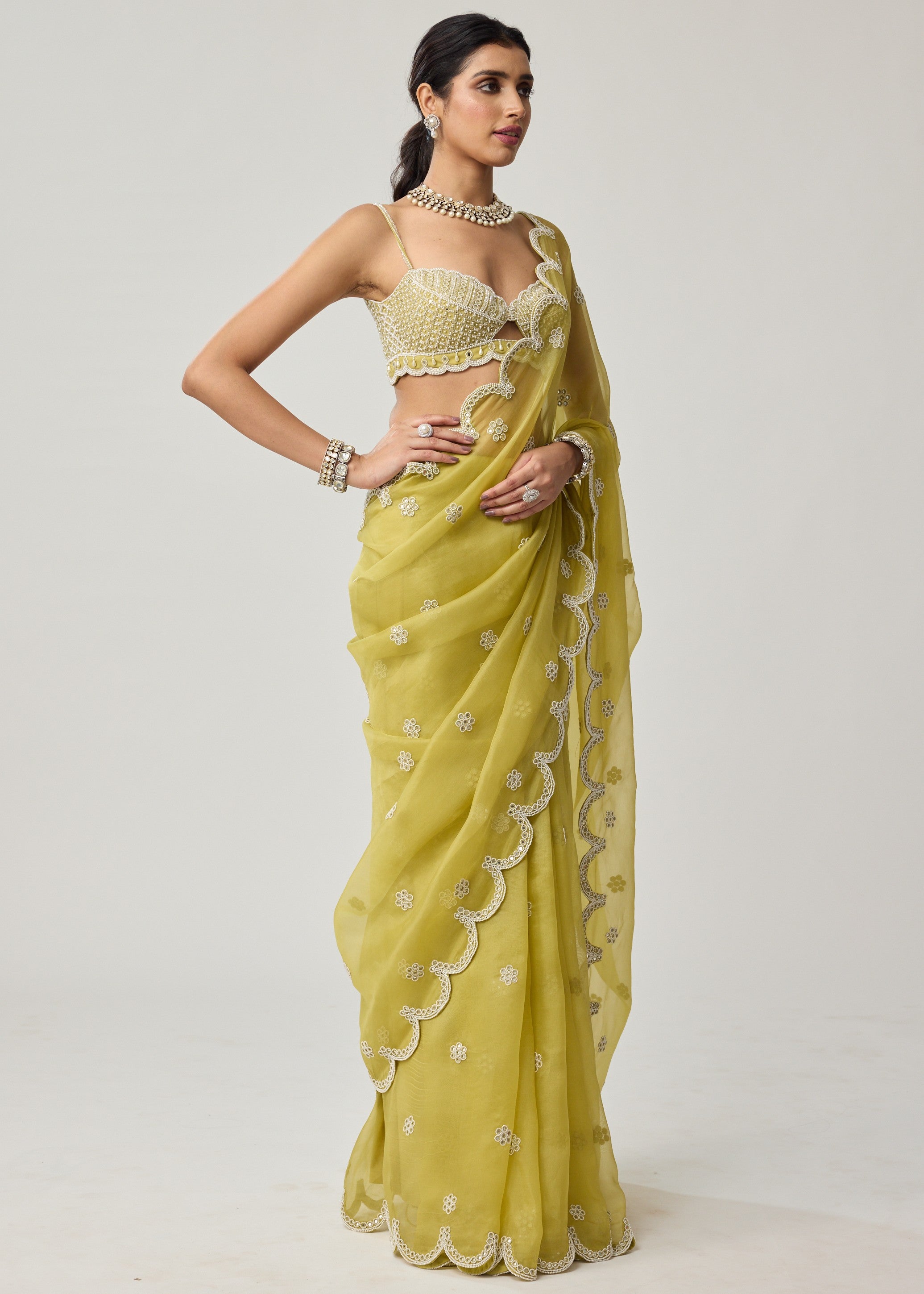 Fern Green Organza Mirror And Pearl Sari Set