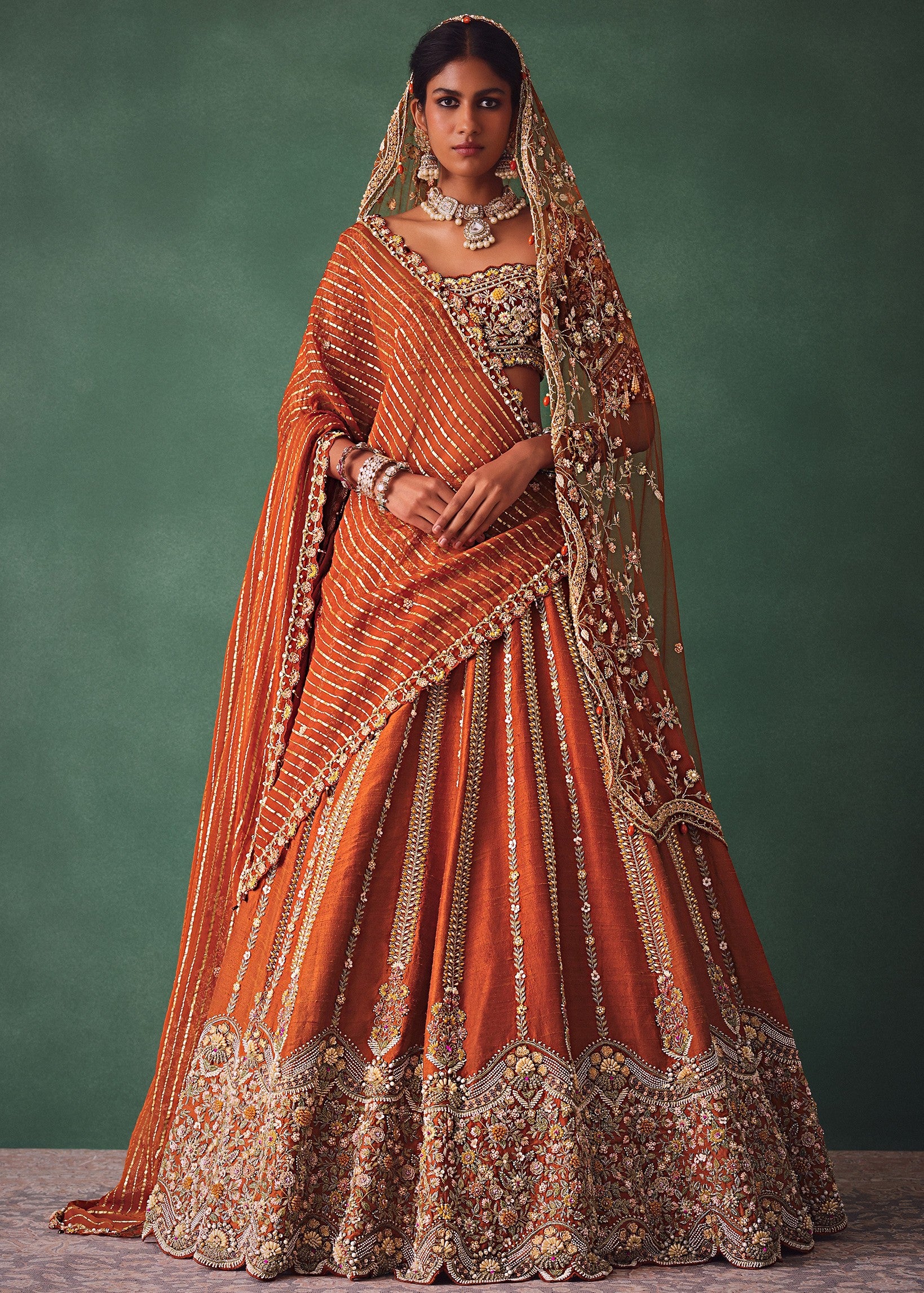 Rust Raw Silk Bridal Lehenga