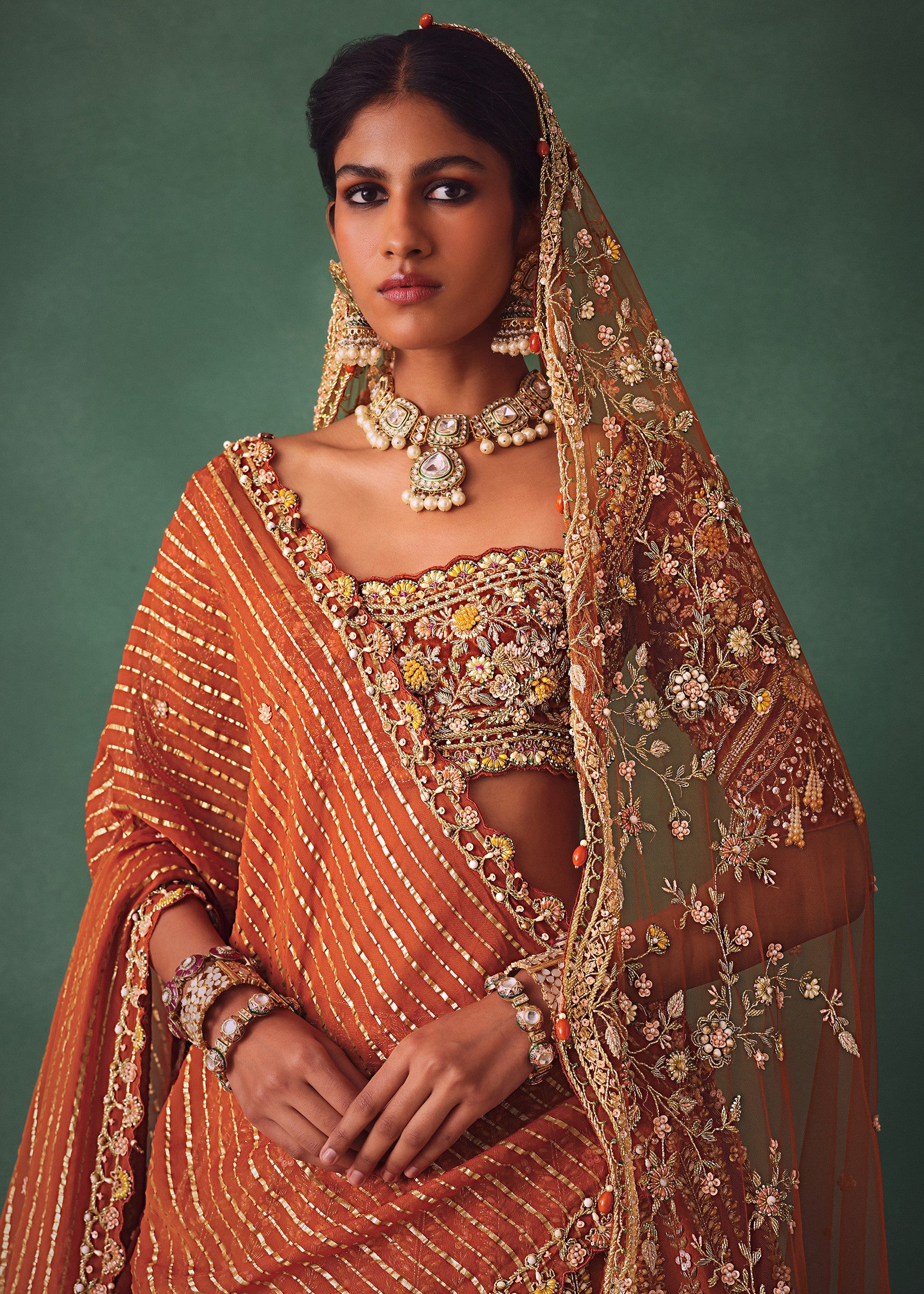Rust Raw Silk Bridal Lehenga