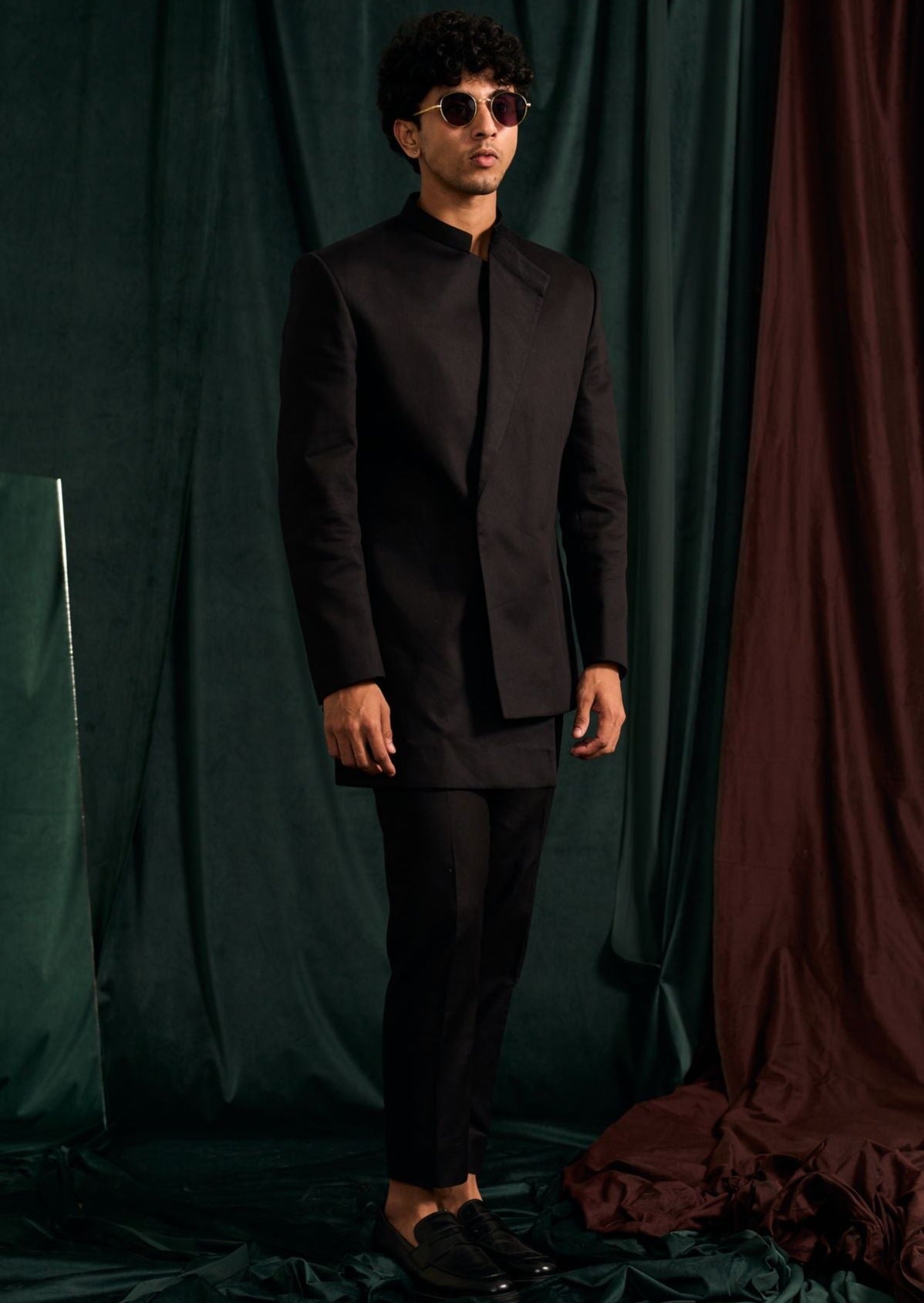Onyx Asymmetric Giza Cotton Bandhgala Set