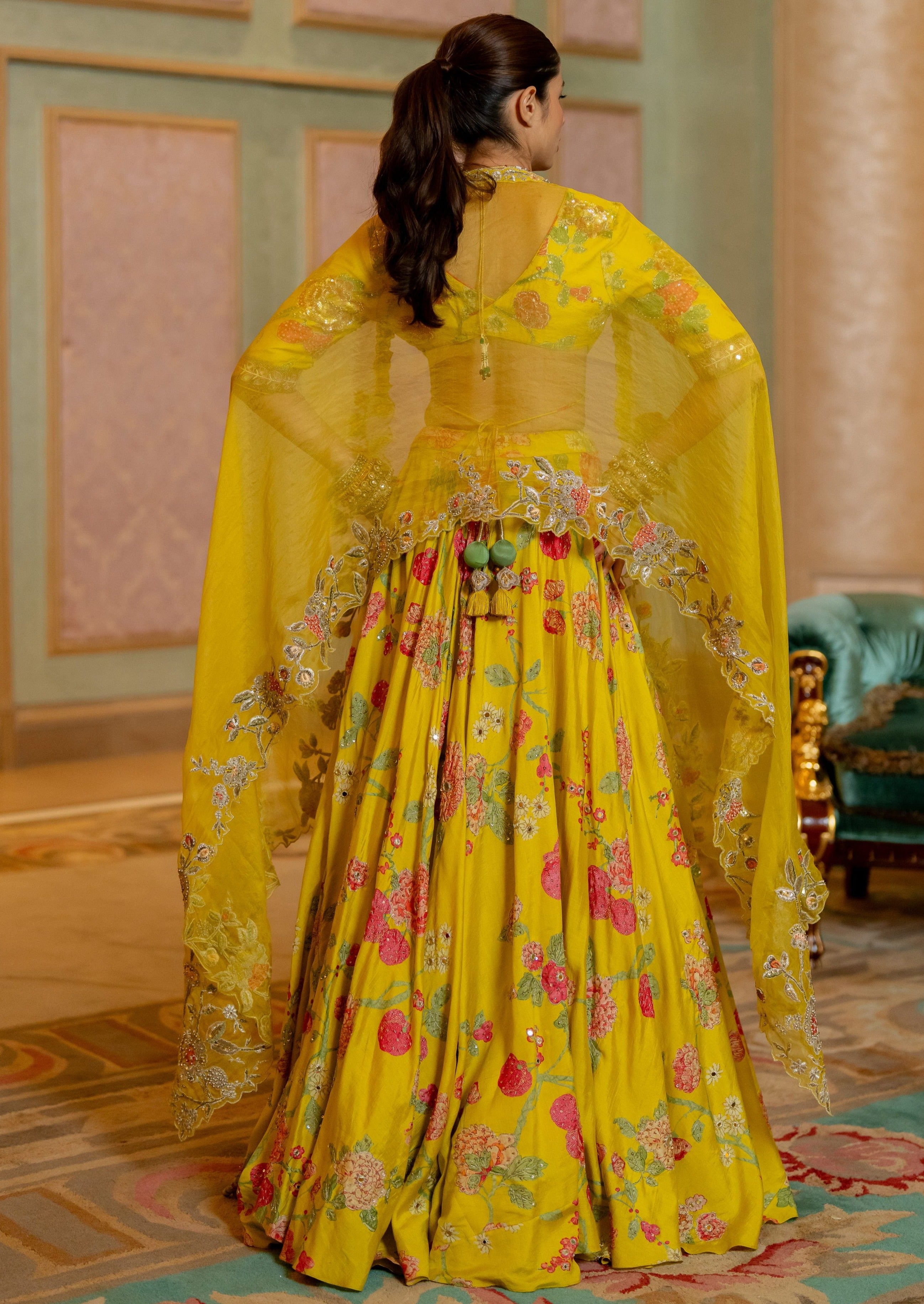 Lime Yellow Floral Printed Lehenga Set