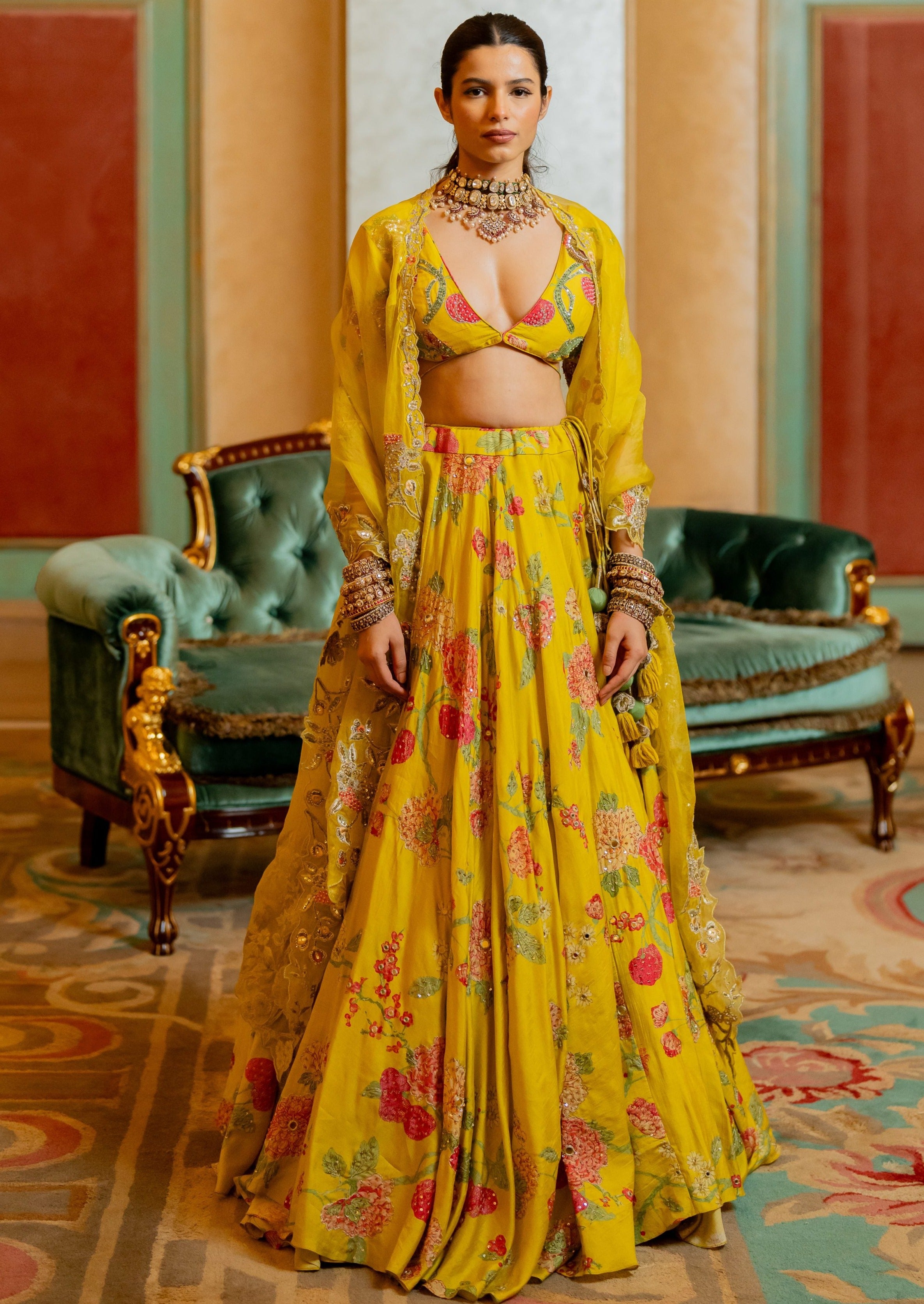 Lime Yellow Floral Printed Lehenga Set