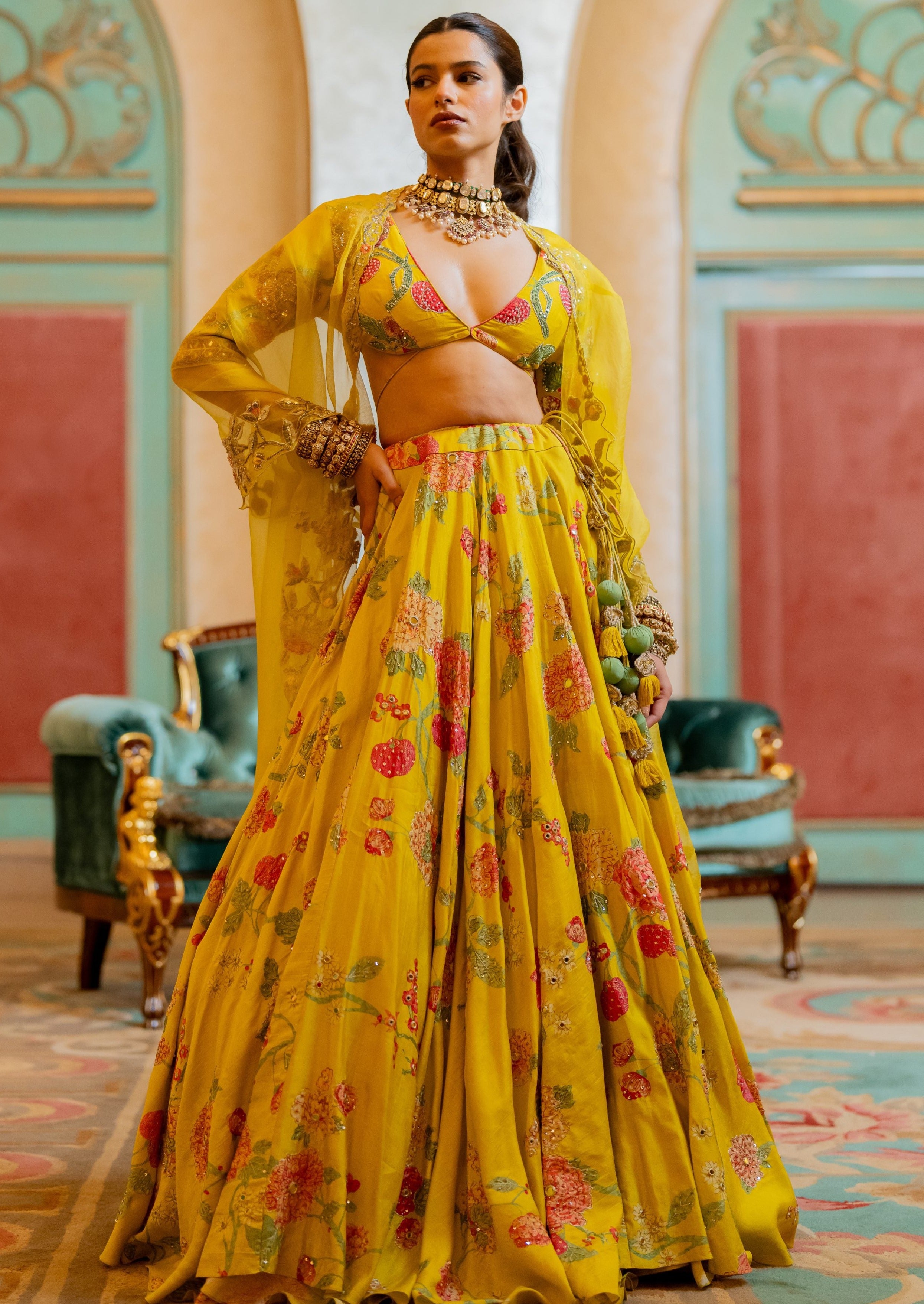 Lime Yellow Floral Printed Lehenga Set