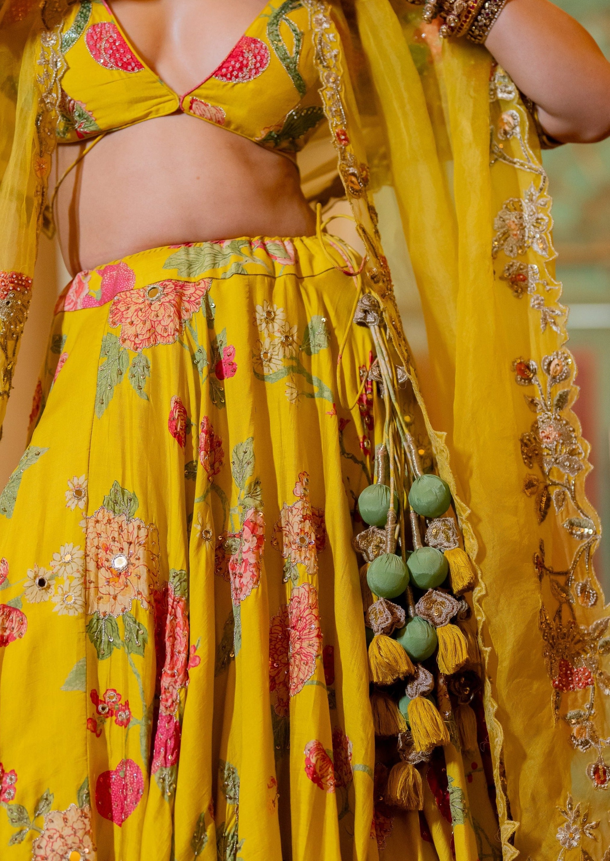 Lime Yellow Floral Printed Lehenga Set