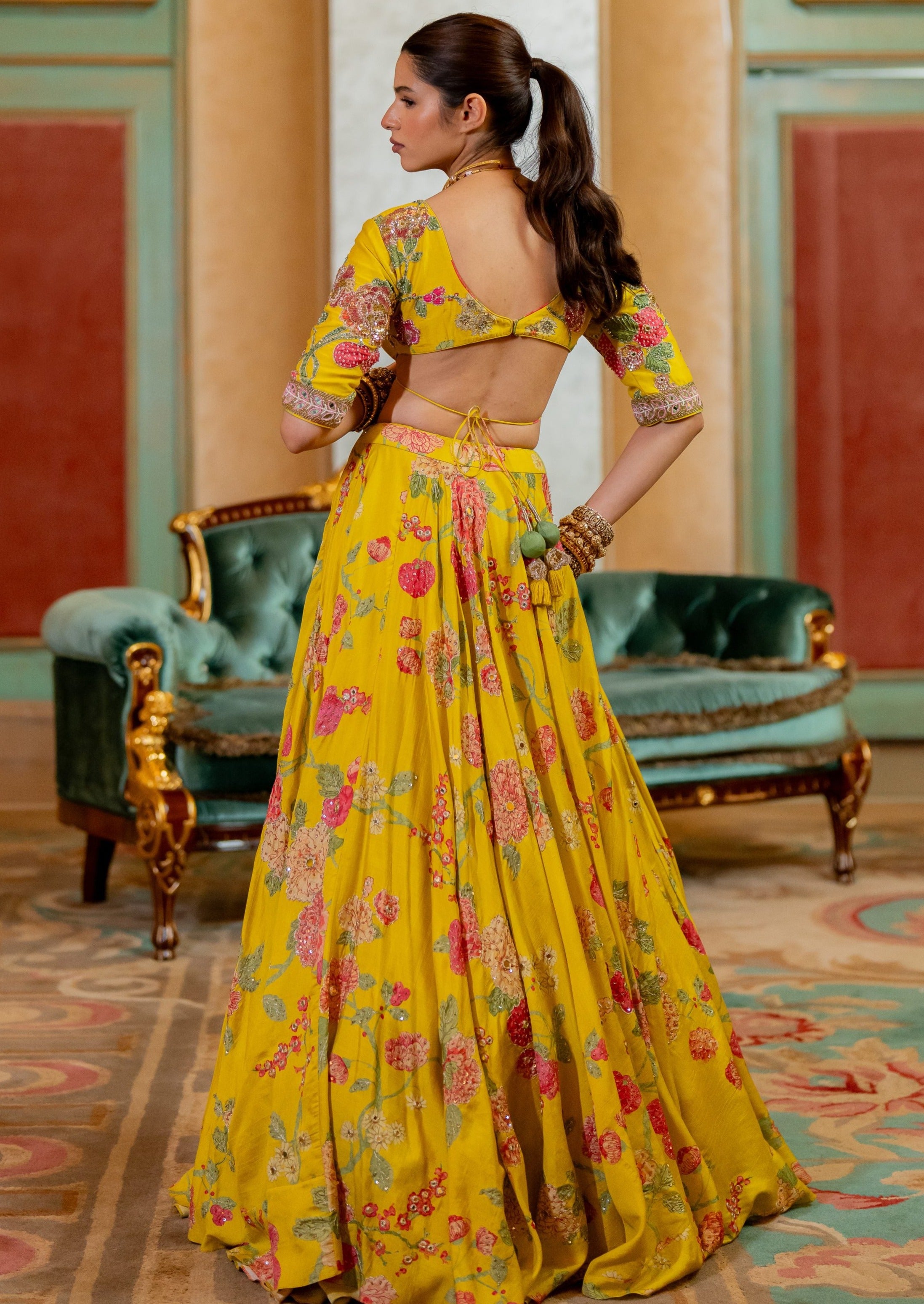 Lime Yellow Floral Printed Lehenga Set