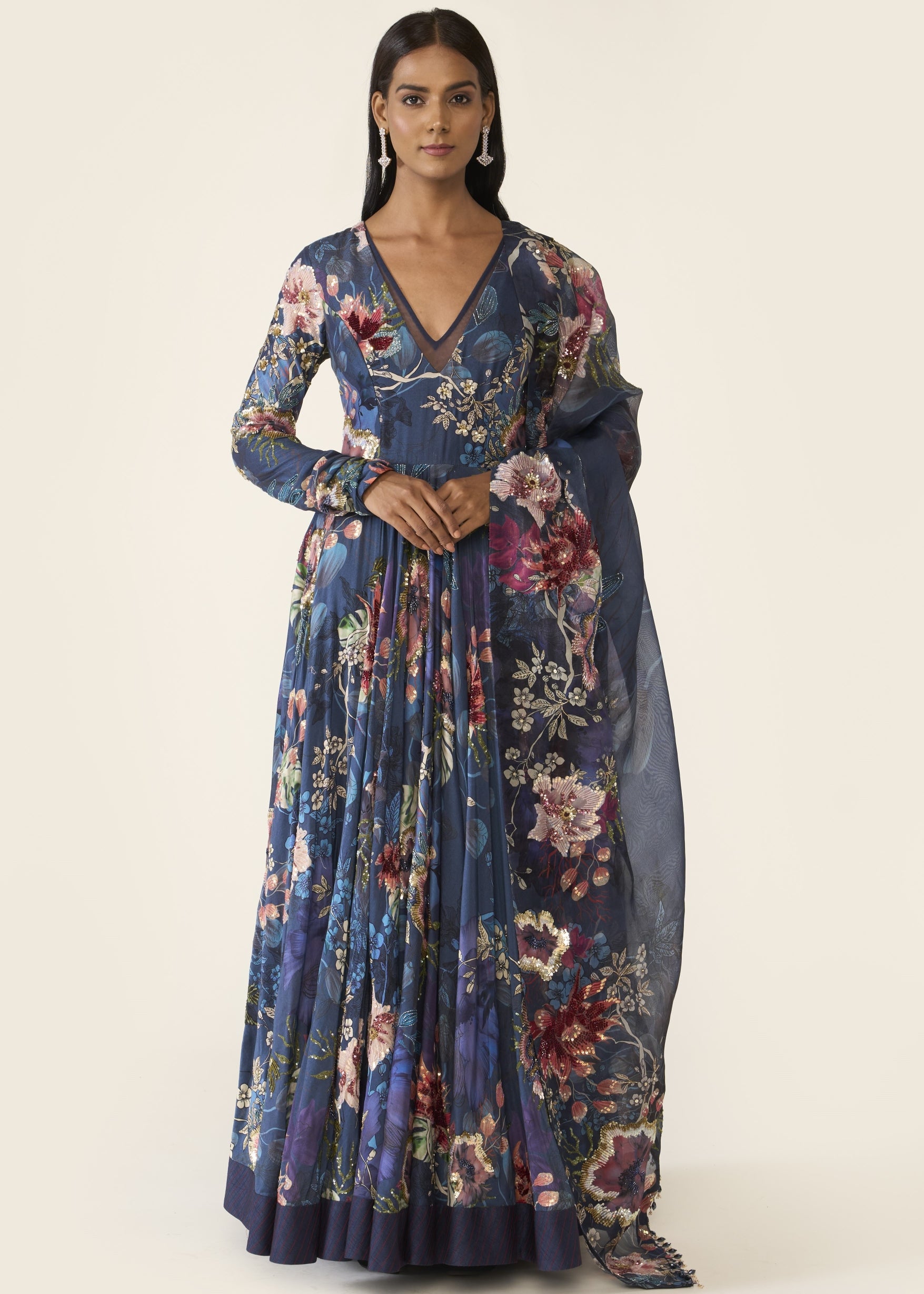Blue Printed Anarkali Set