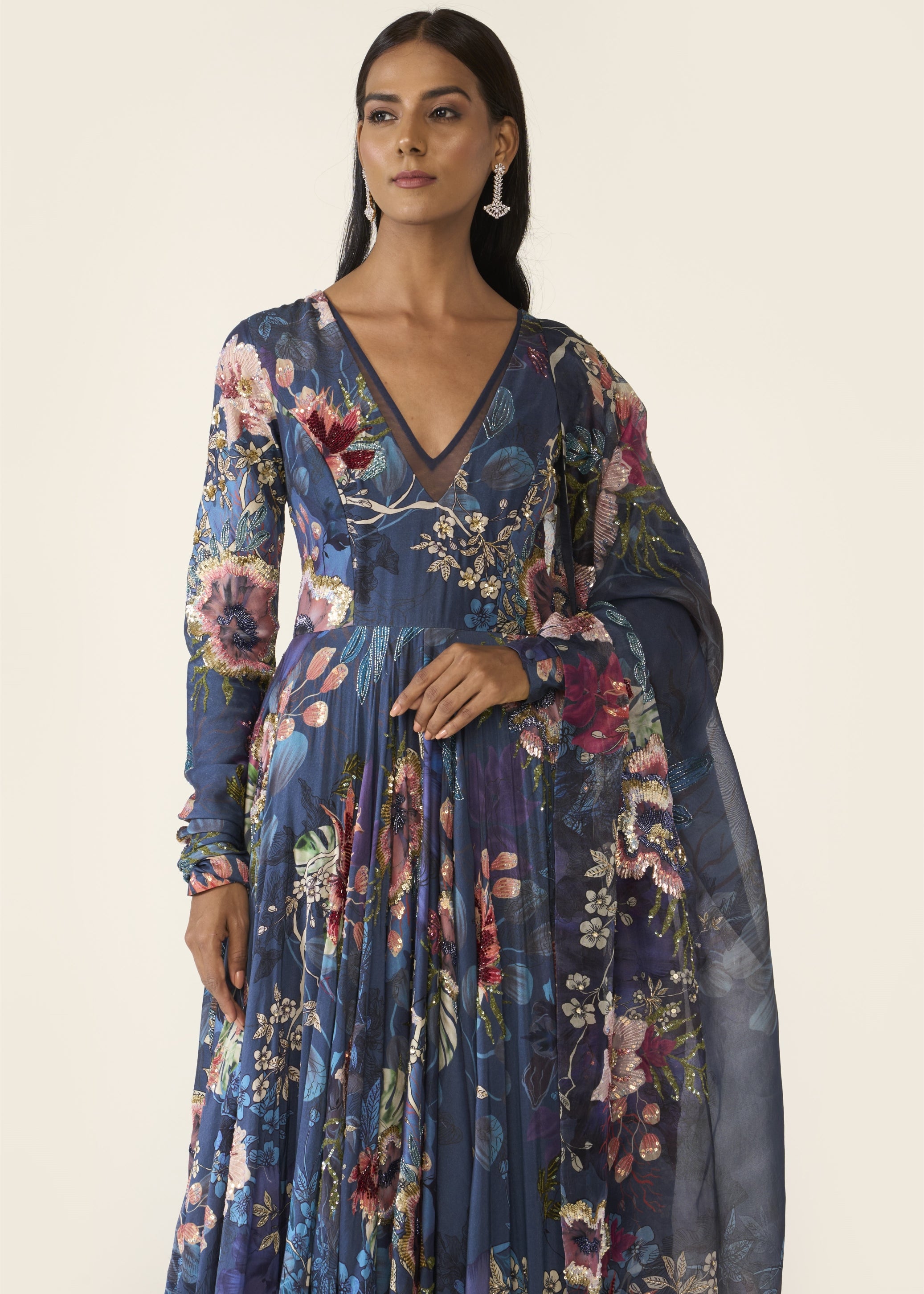 Blue Printed Anarkali Set