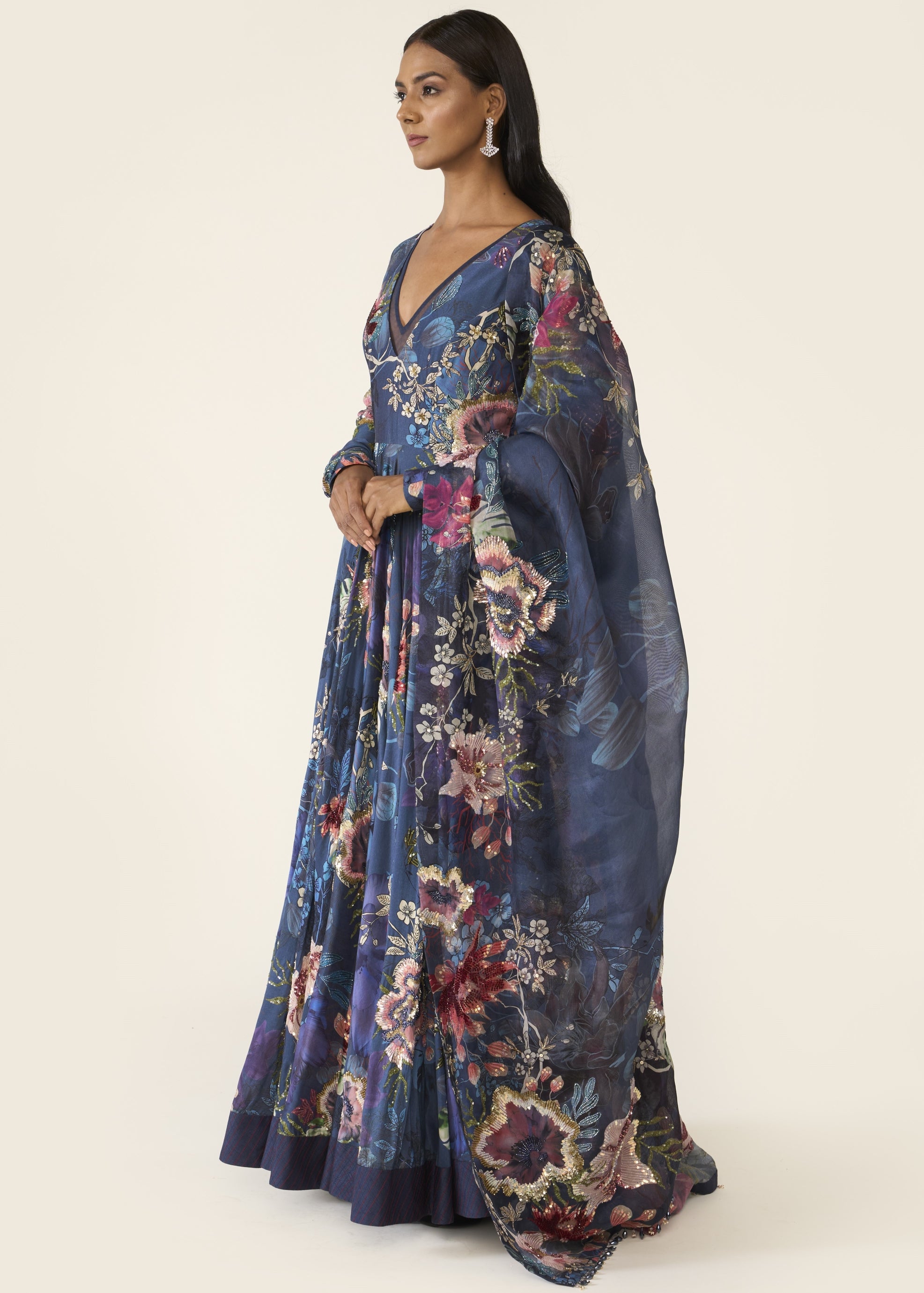 Blue Printed Anarkali Set