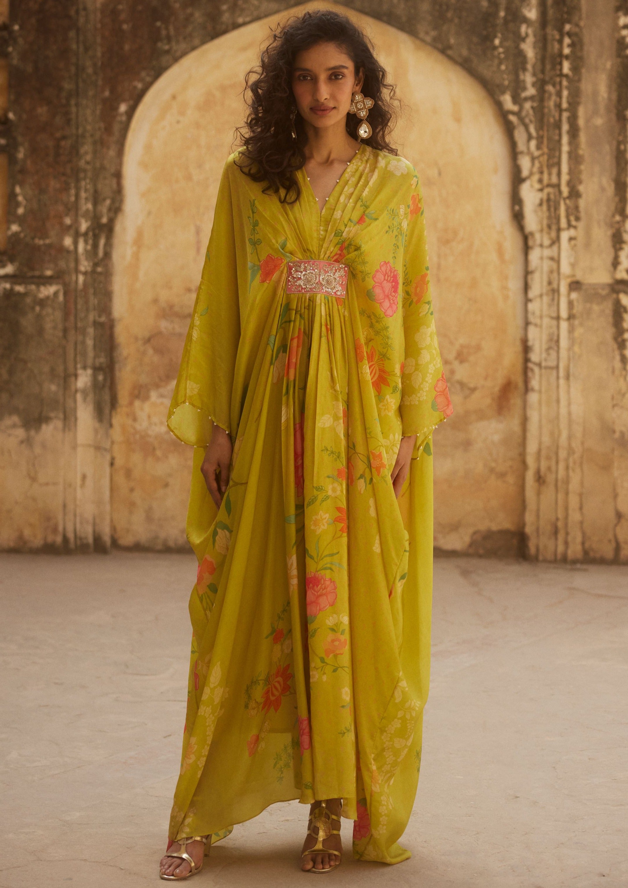 Lime Yellow Floral Habutai Silk Kaftan