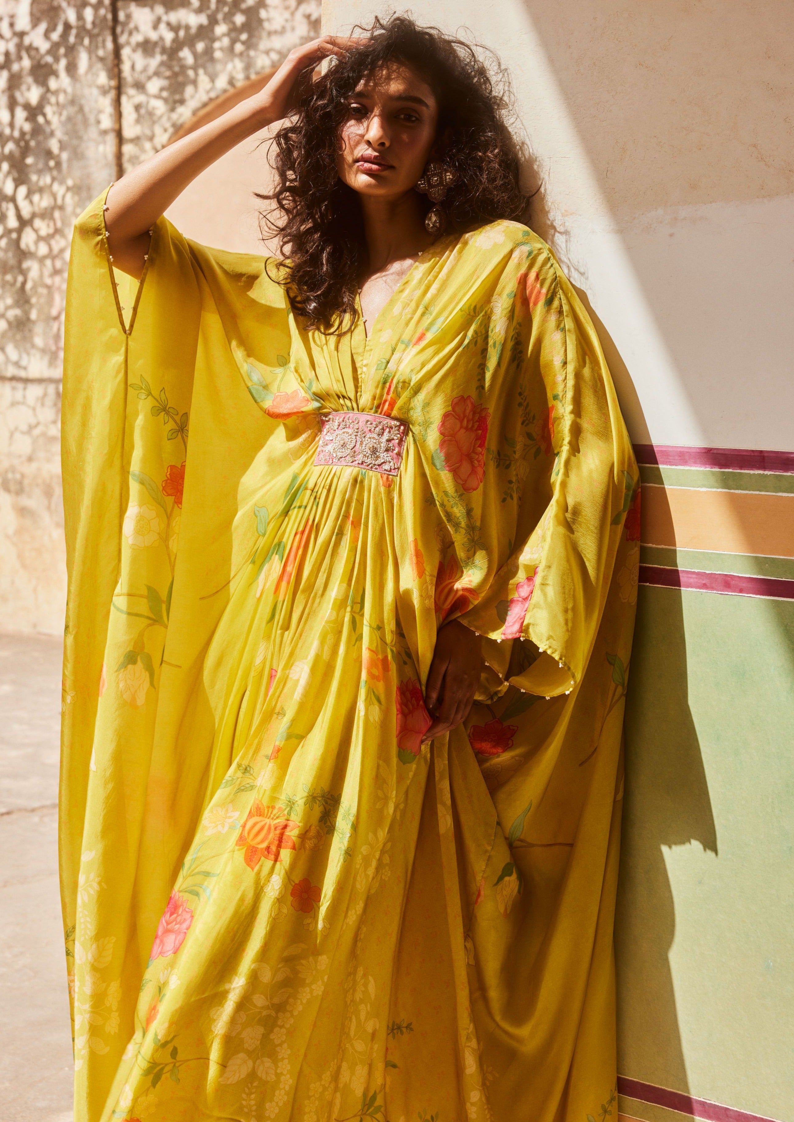 Lime Yellow Floral Habutai Silk Kaftan