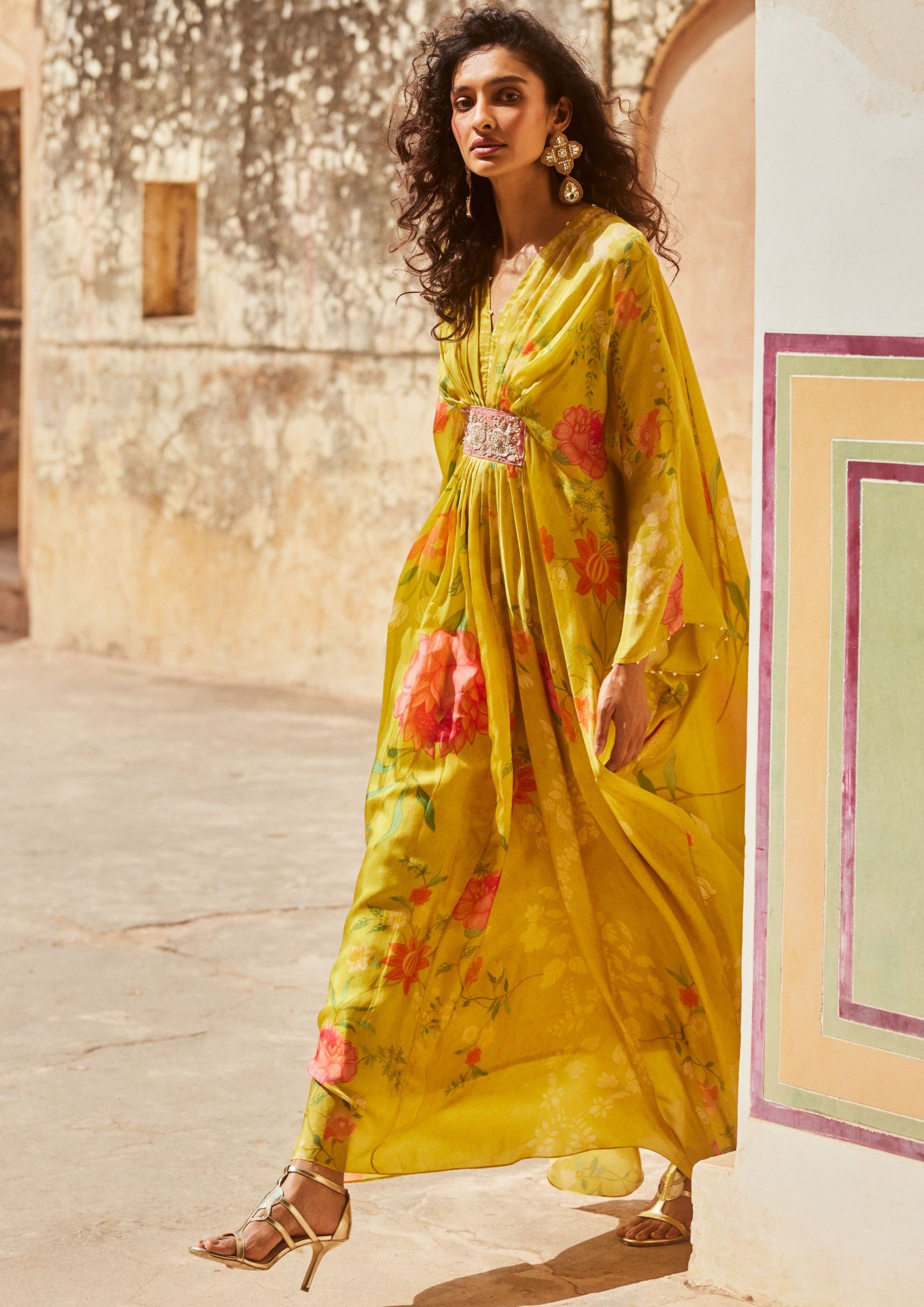 Lime Yellow Floral Habutai Silk Kaftan