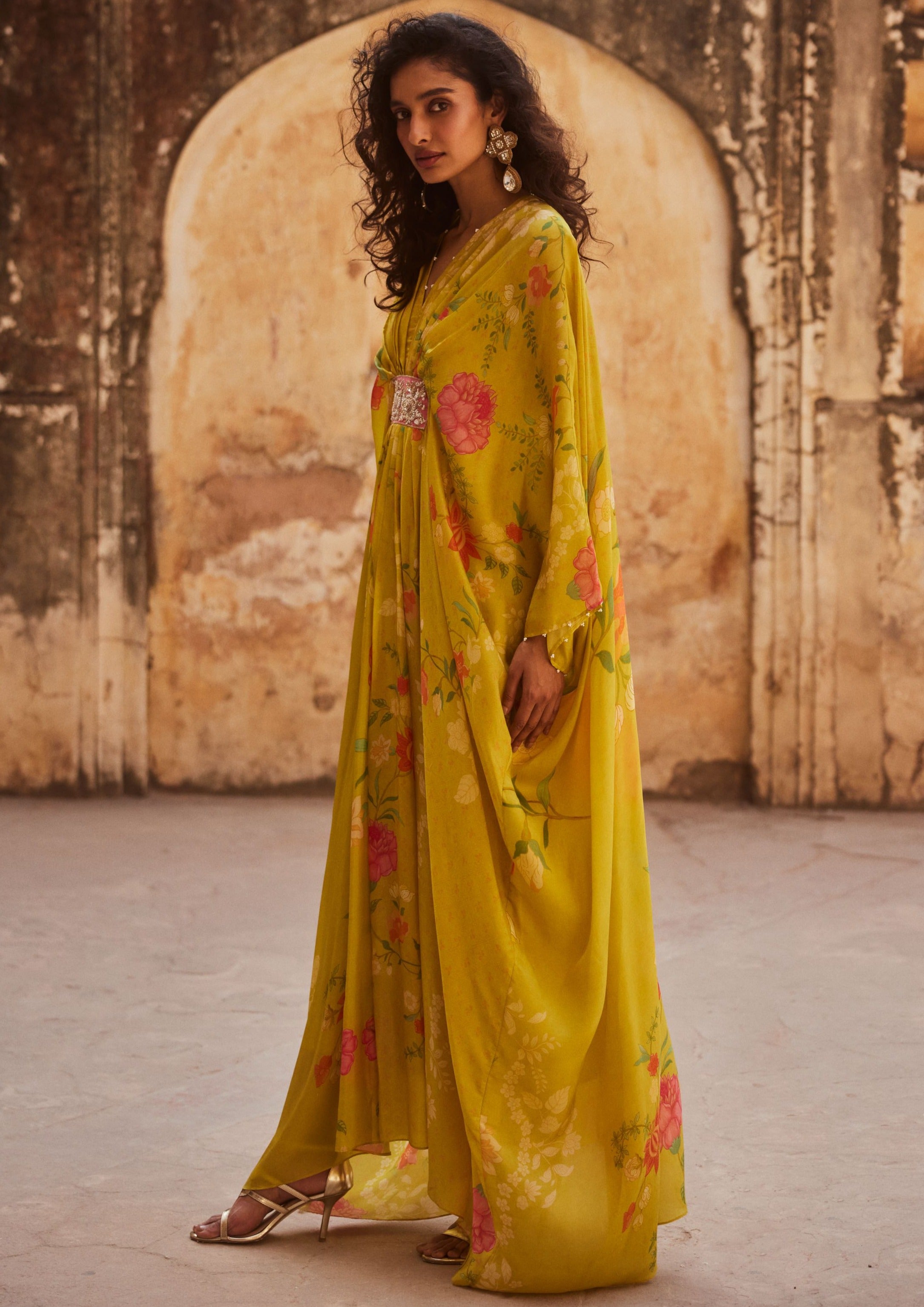 Lime Yellow Floral Habutai Silk Kaftan