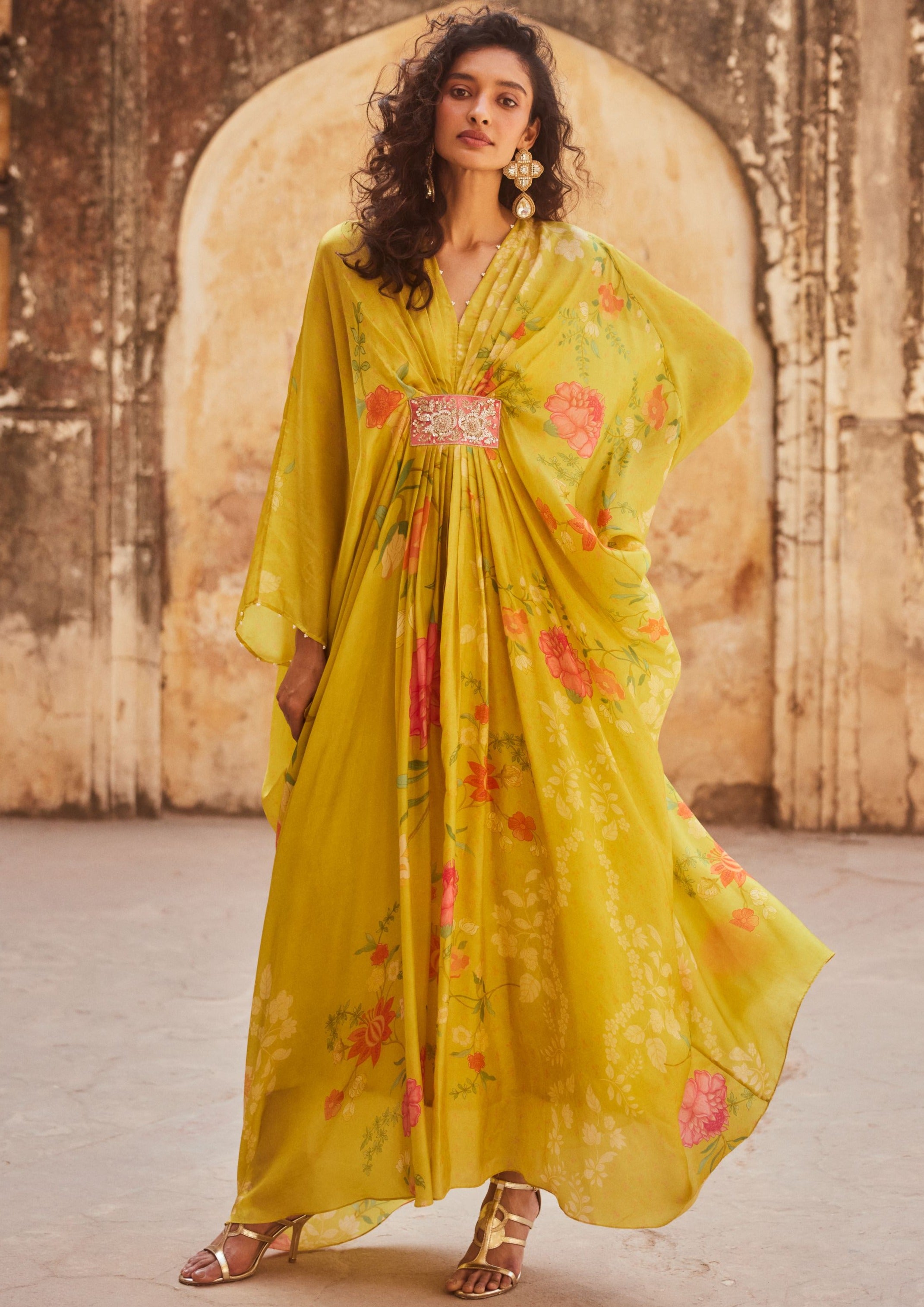Lime Yellow Floral Habutai Silk Kaftan