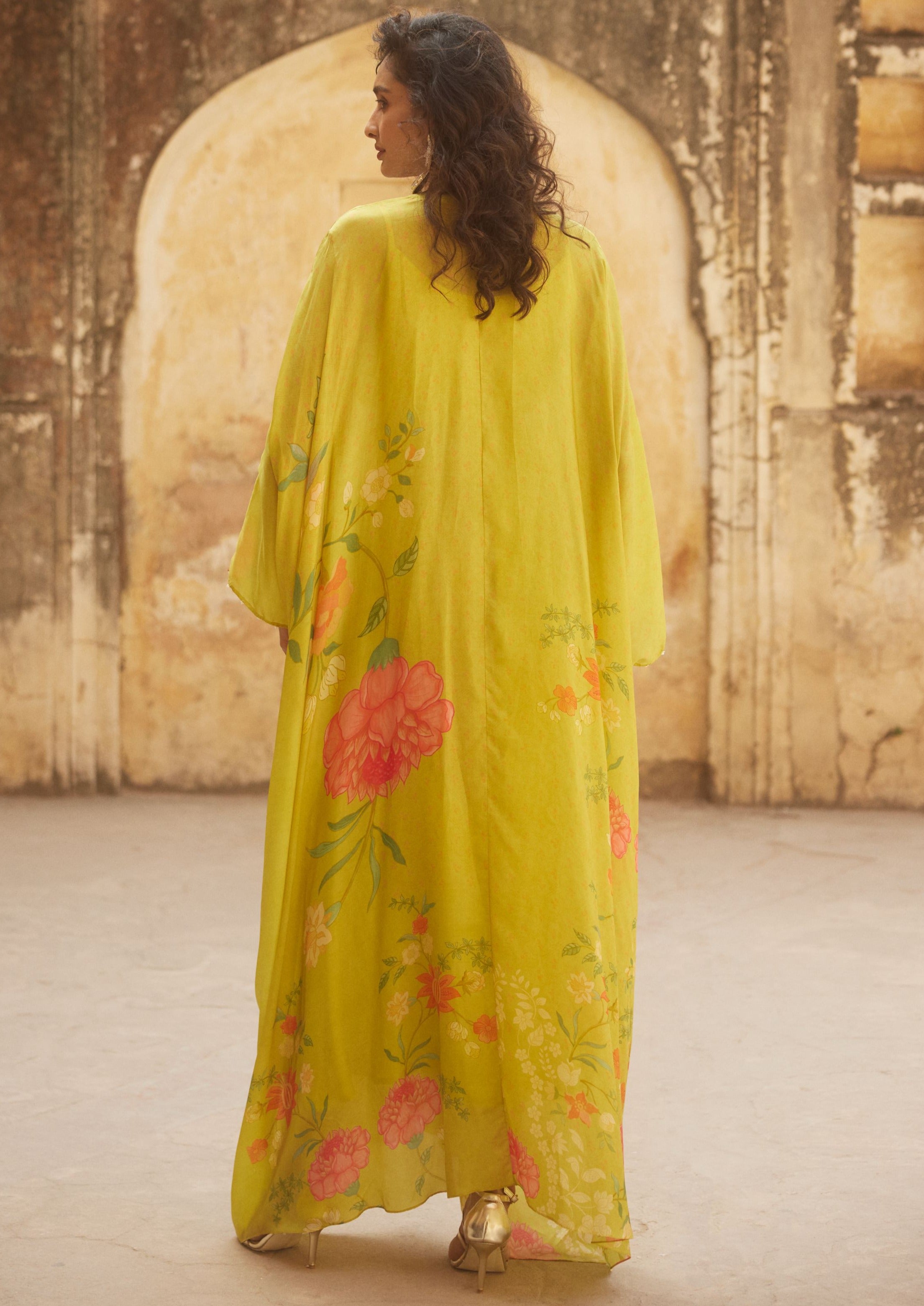 Lime Yellow Floral Habutai Silk Kaftan