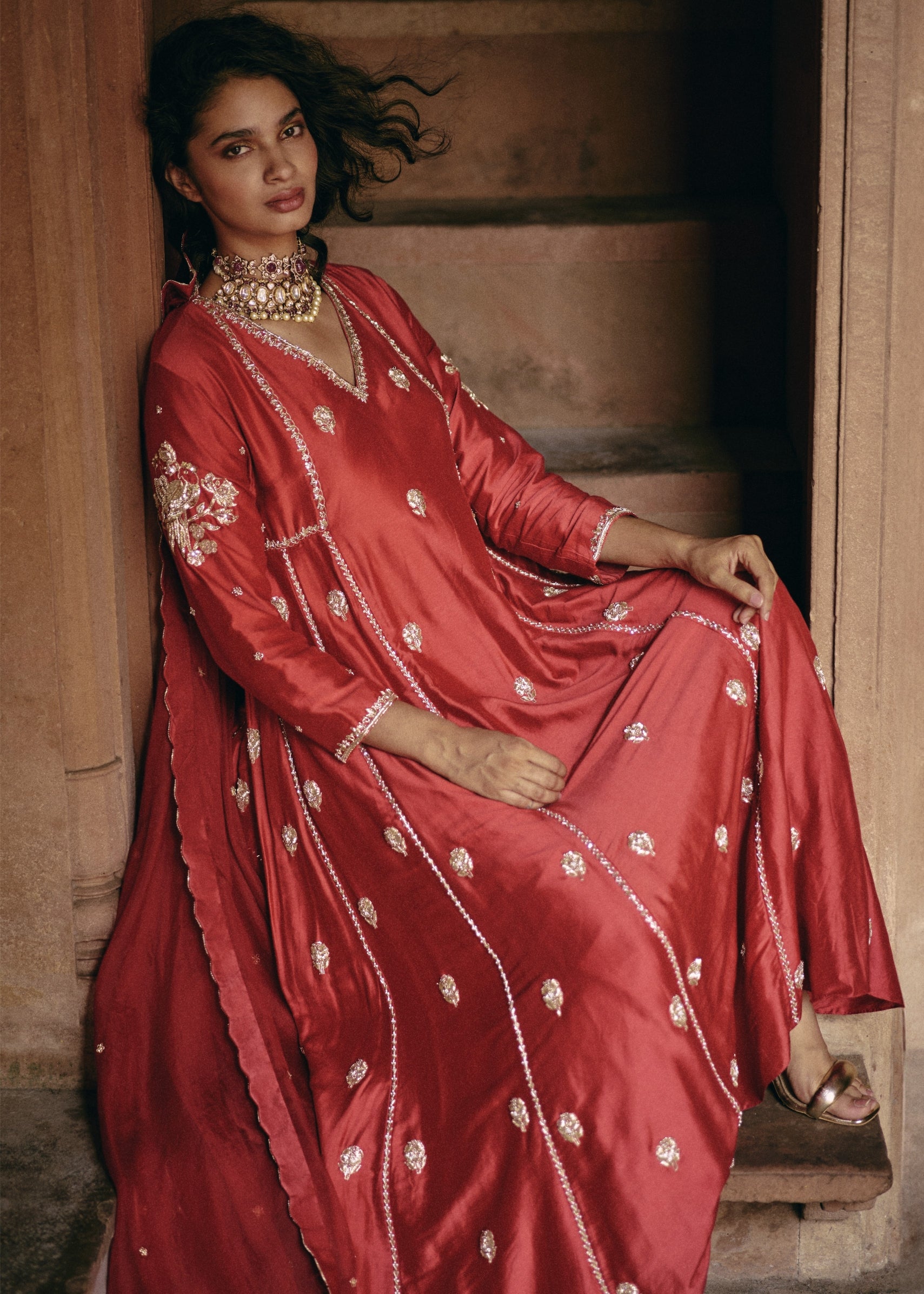Red Hand Embroidered Anarkali Set