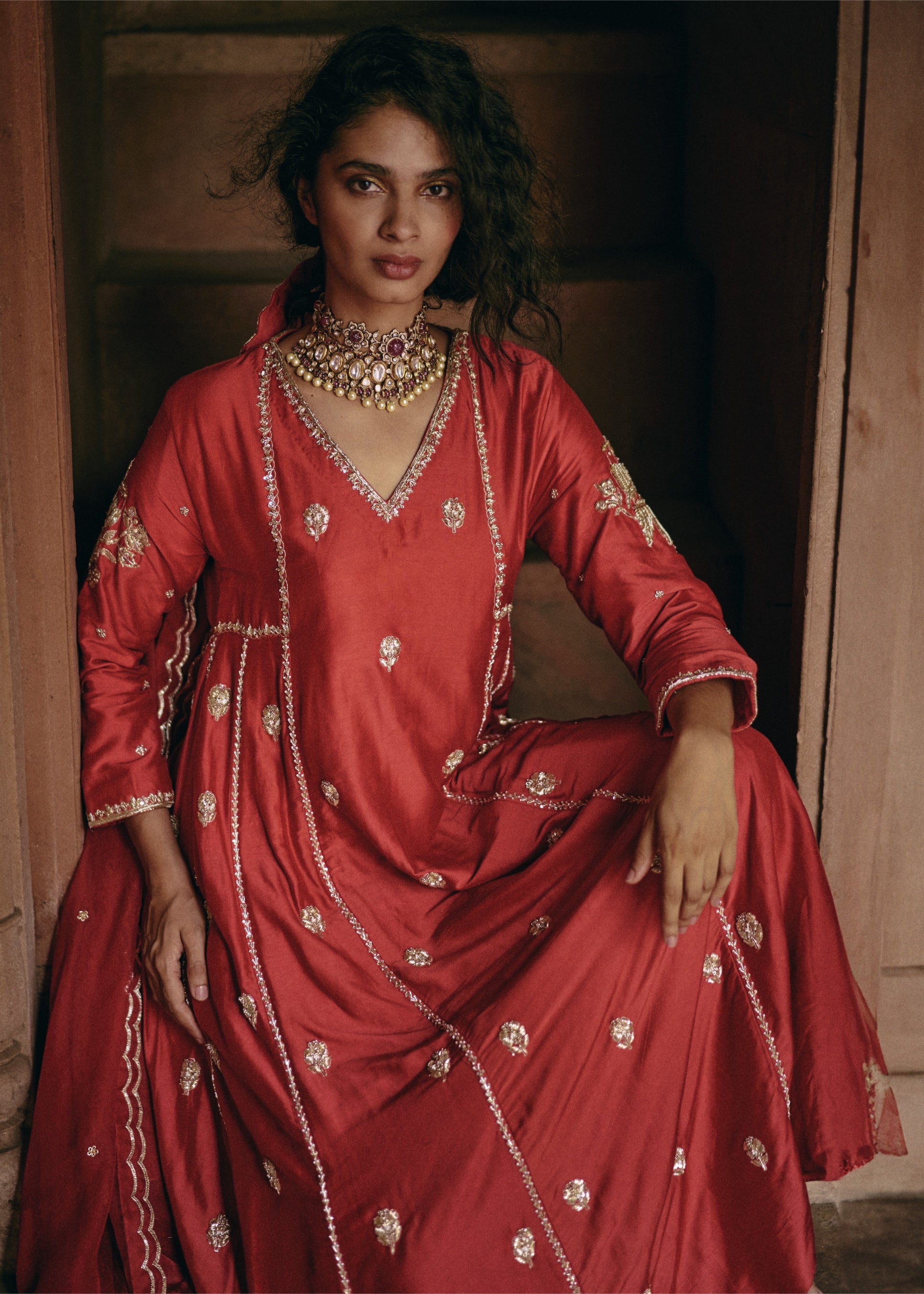 Red Hand Embroidered Anarkali Set