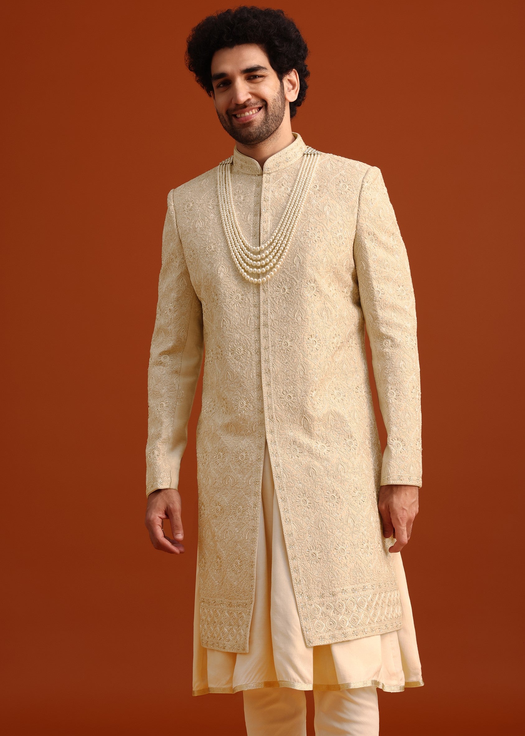 Beige Silk Embroidered Sherwani Set