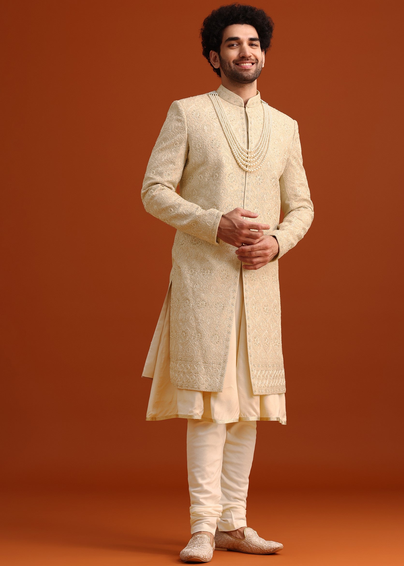 Beige Silk Embroidered Sherwani Set