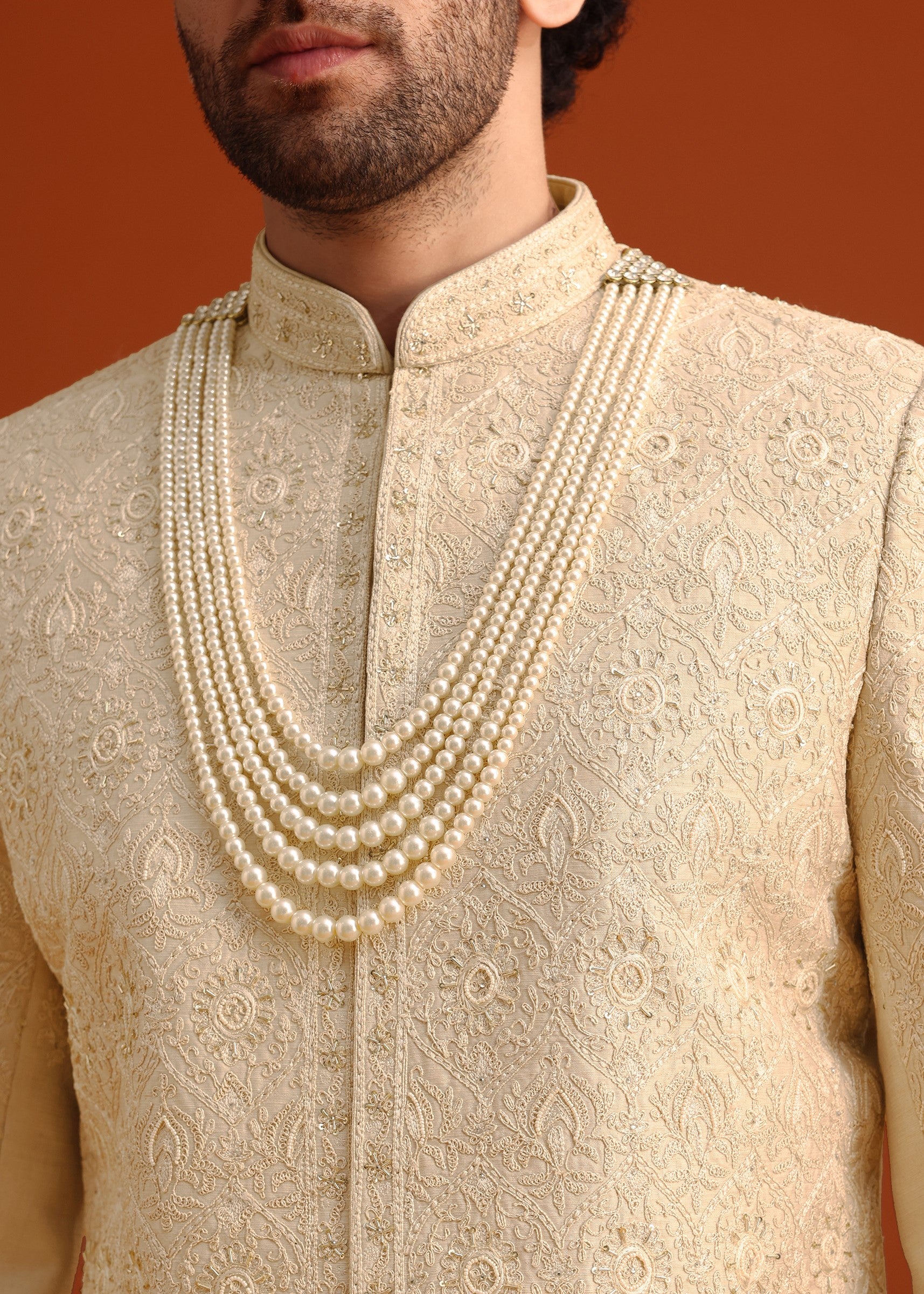 Beige Silk Embroidered Sherwani Set