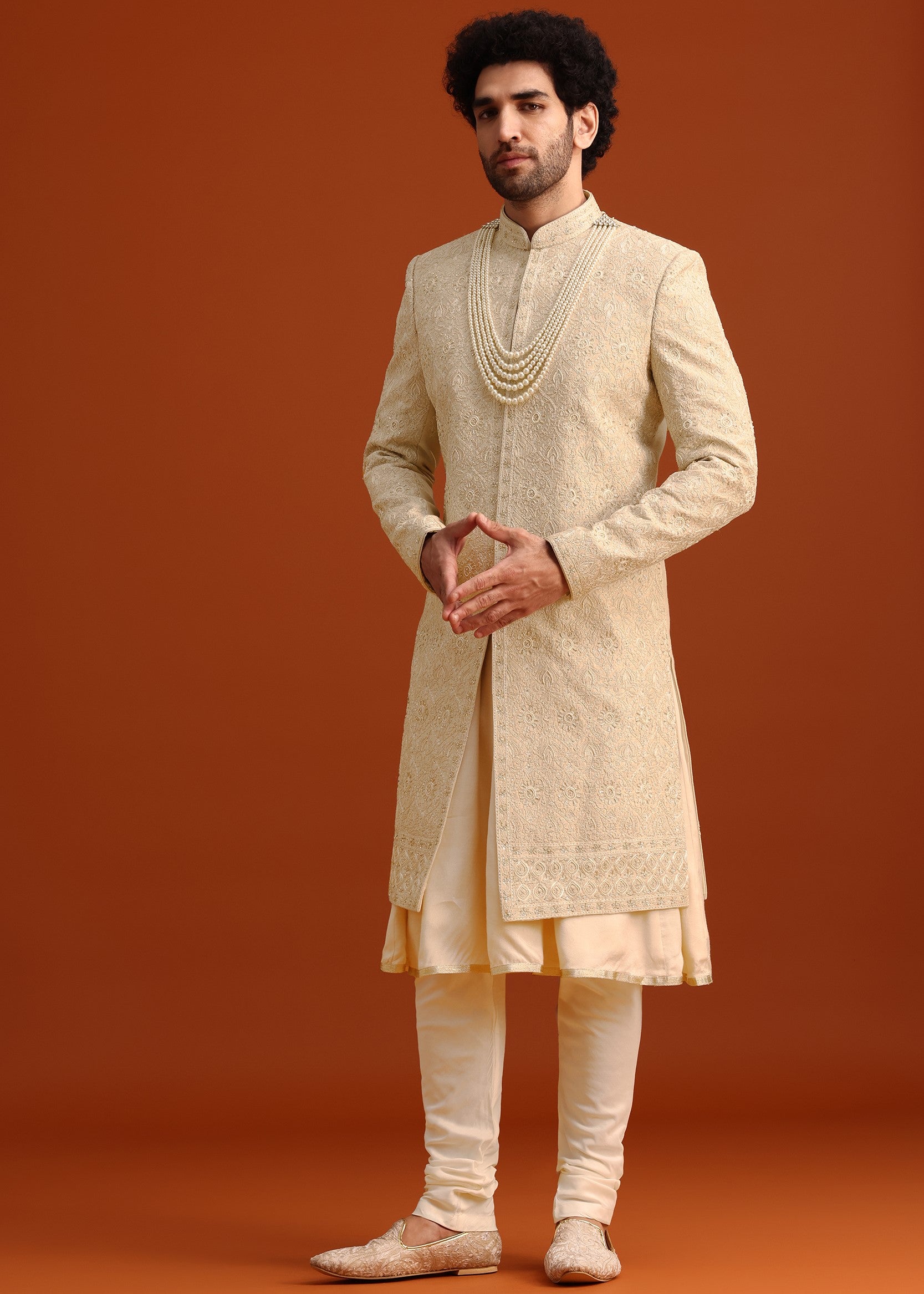 Beige Silk Embroidered Sherwani Set