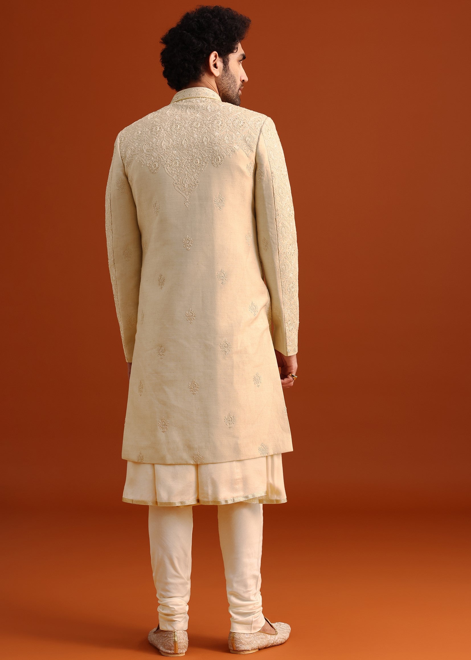 Beige Silk Embroidered Sherwani Set