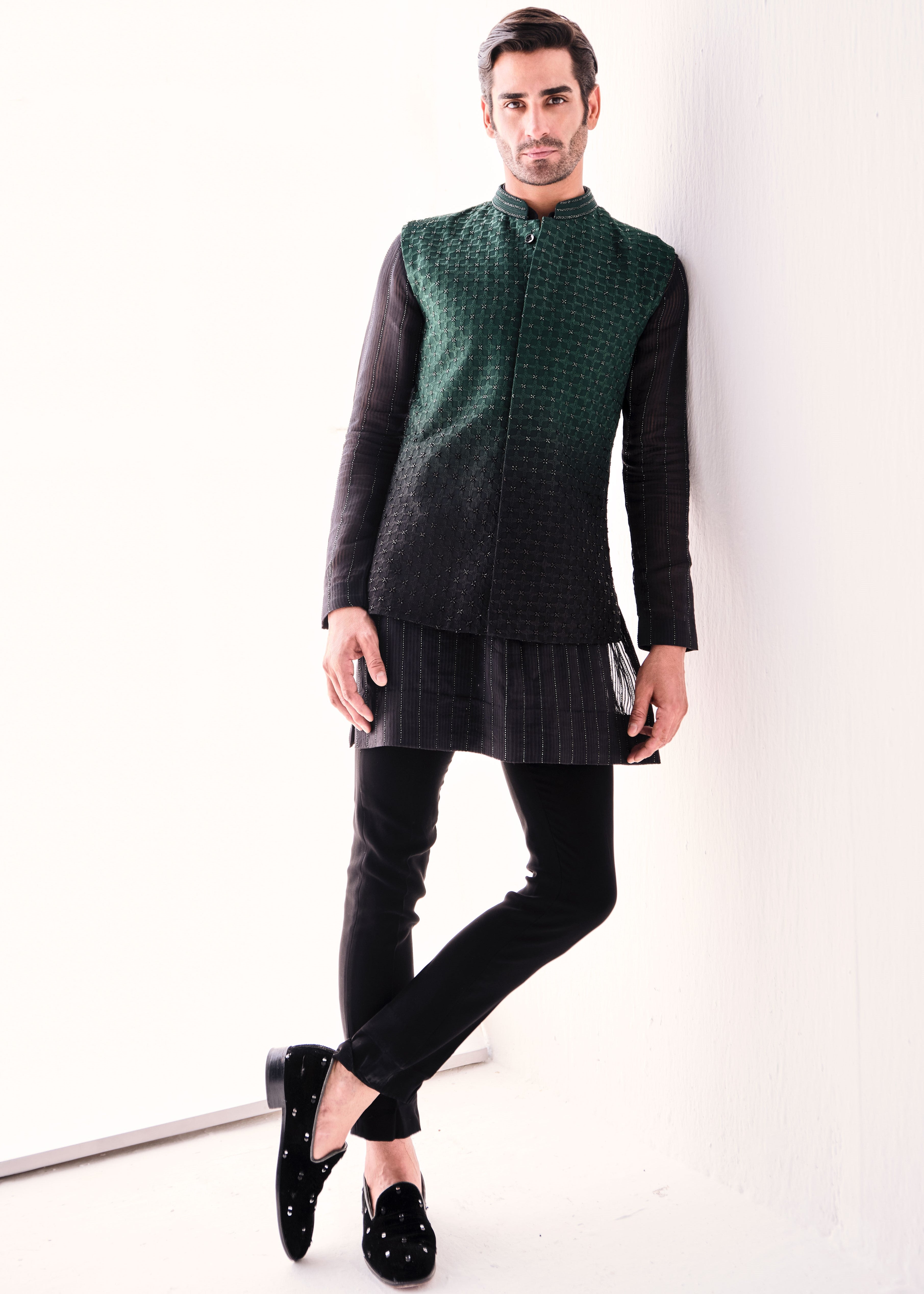 Teal To Black Ombre Nehru