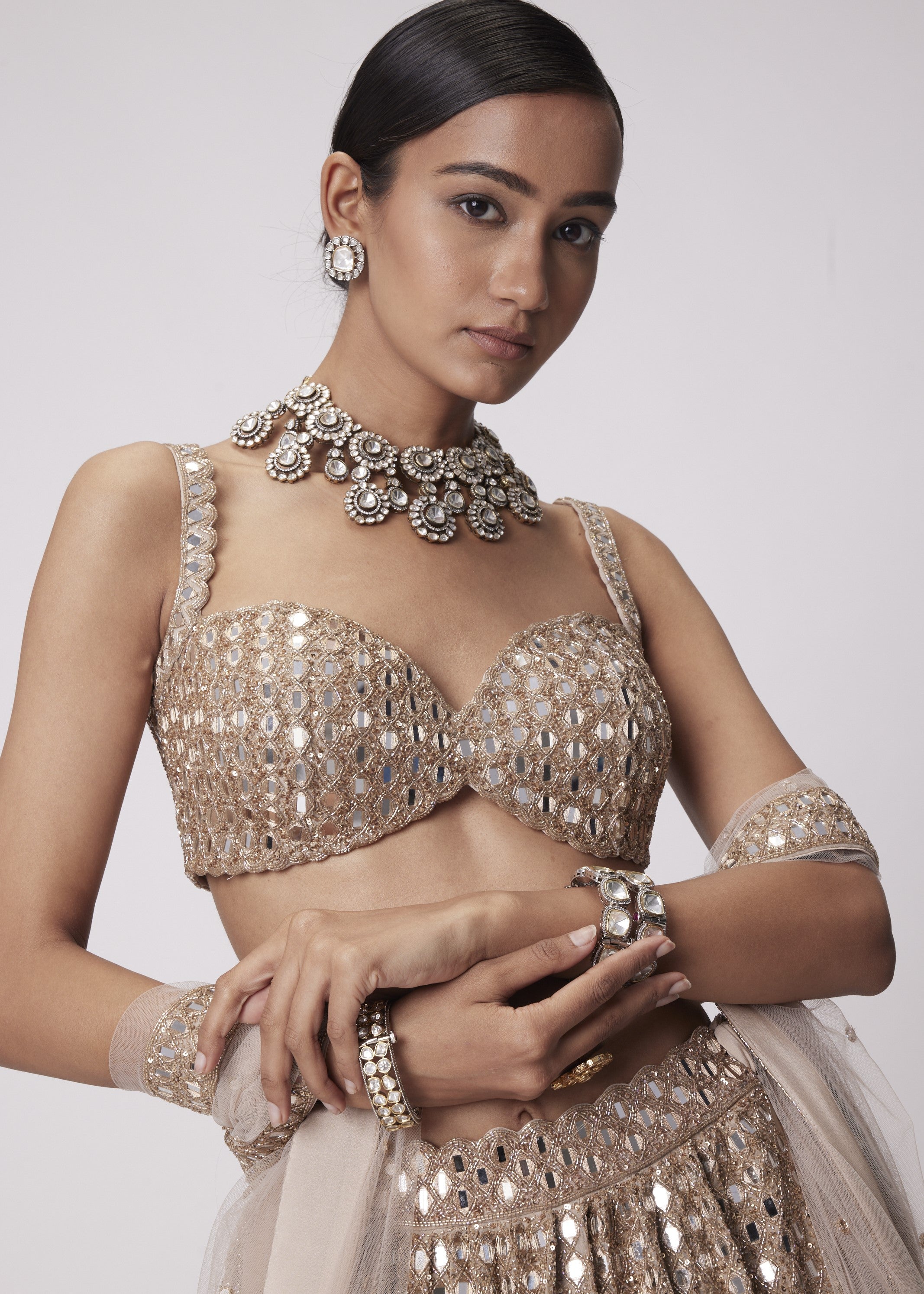 Light Beige Hand Embroidered Lehenga Set